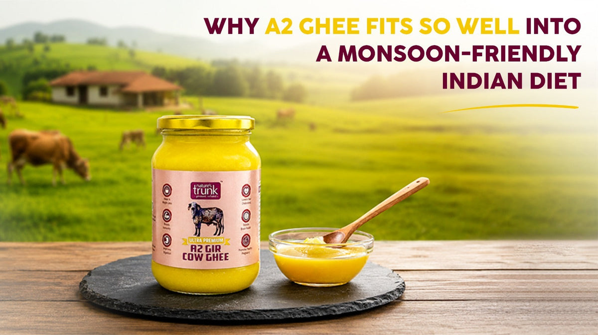 Jar of Nature's Trunk Ultra Premium A2 Gir Cow Ghee on a wooden table, ideal for buying pure cow ghee online during monsoon.