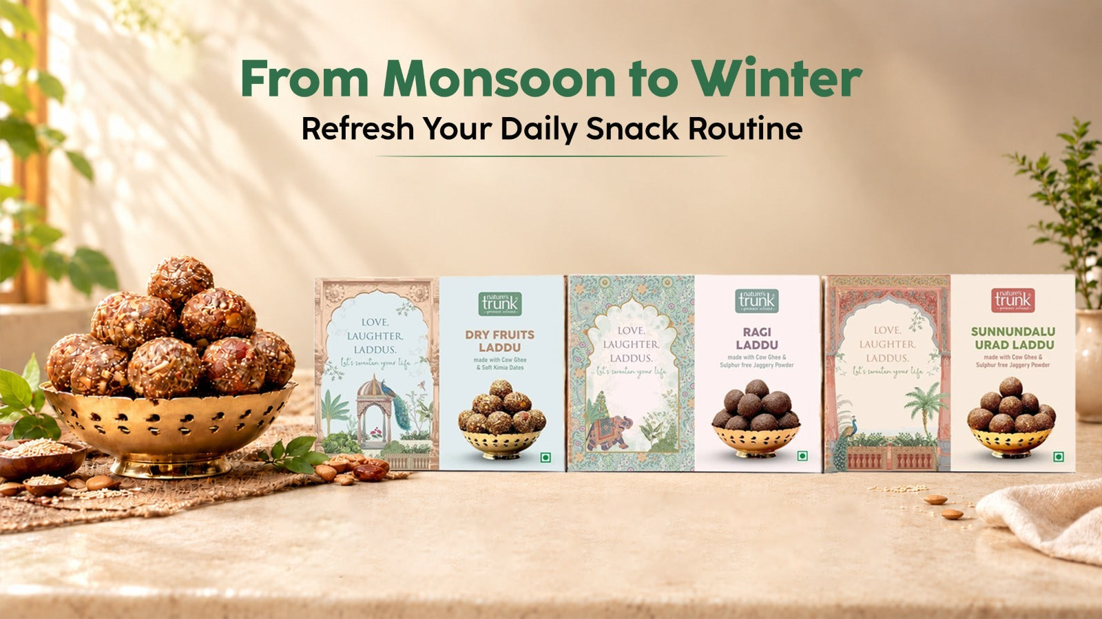Nature’s Trunk healthy organic laddus displayed on a table for a seasonal daily snack routine refresh. 