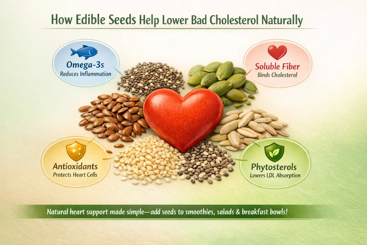 Edible seeds like flax, chia, pumpkin, sunflower and sesame supporting heart health and lowering bad cholesterol naturally