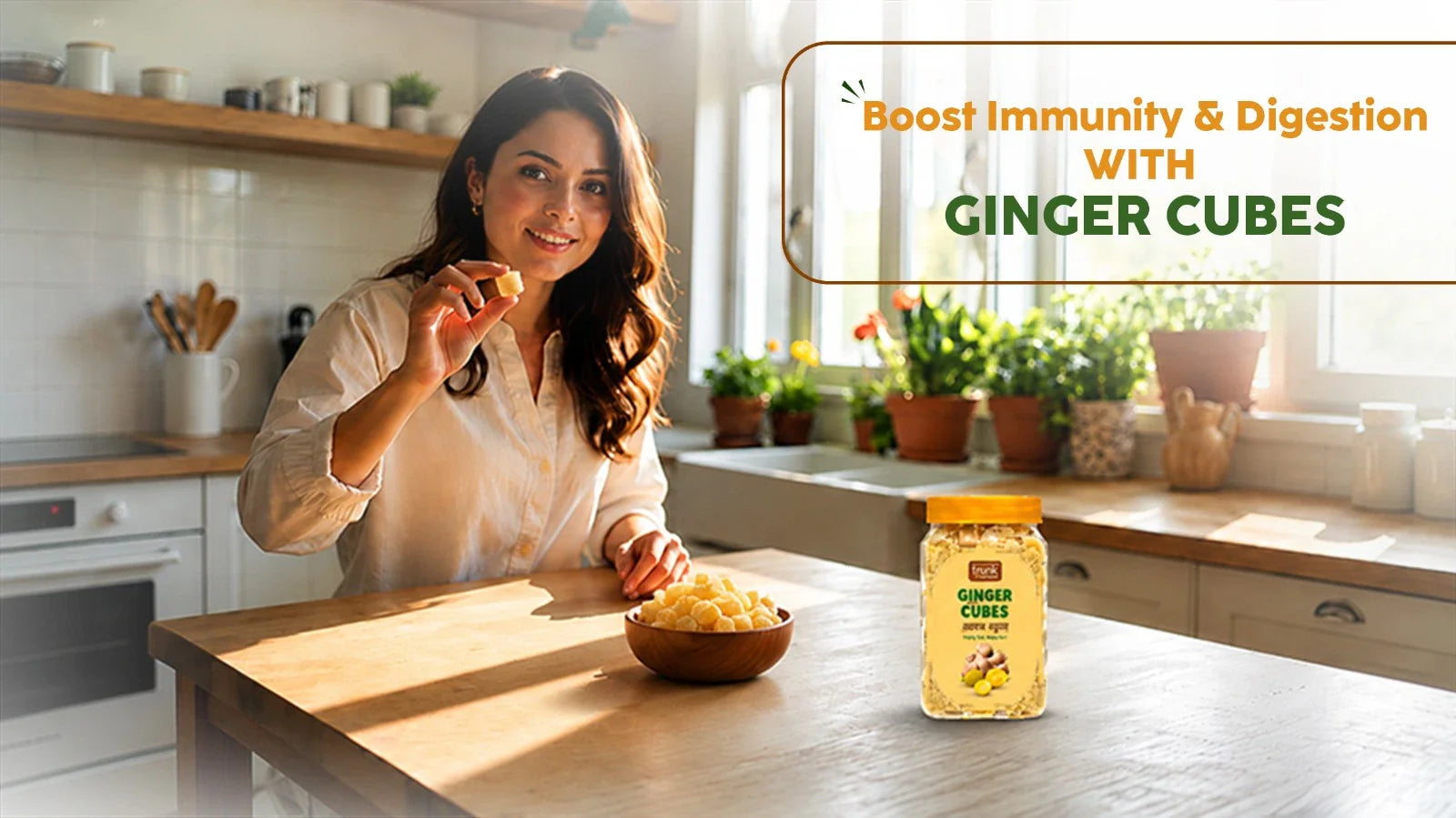 Natural Ginger Herbal Cubes by Nature’s Trunk made with herbal ingredients to support immunity, improve digestion, and promote wellness, displayed in a healthy and refreshing natural setting. 