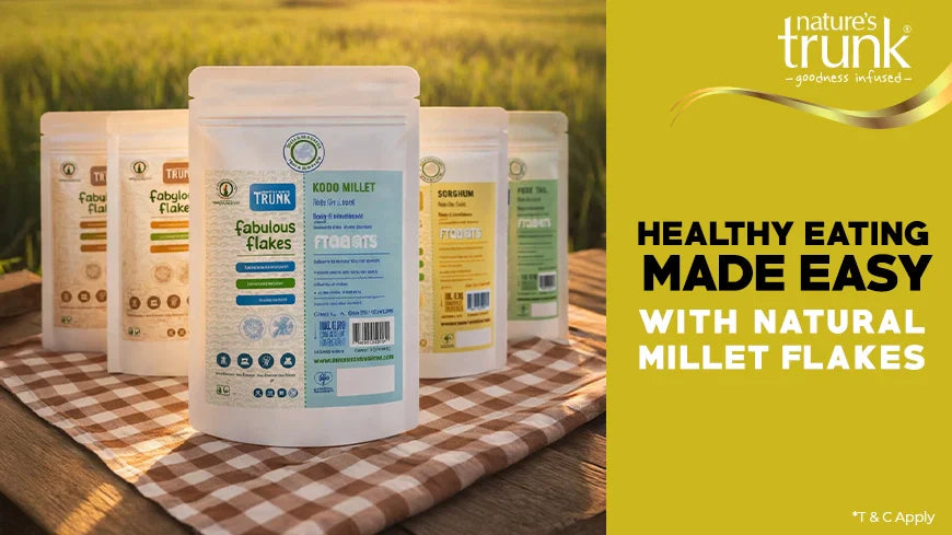 Healthy millet flakes breakfast packs showcasing gluten-free, natural grain nutrition for a mindful lifestyle.