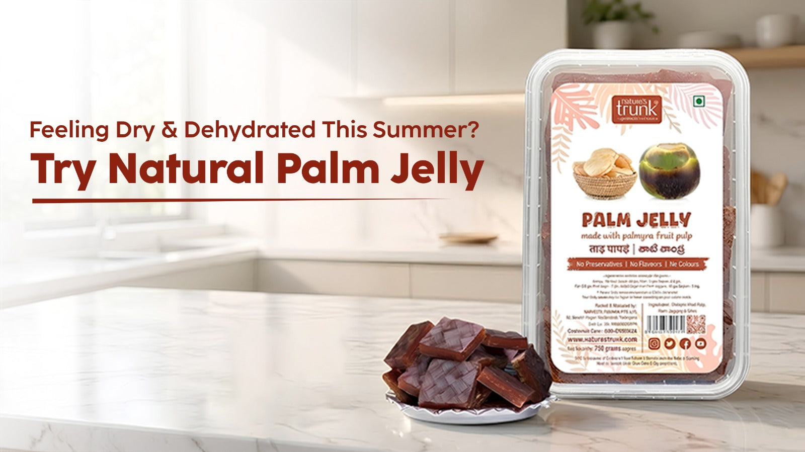 Natural Palm Jelly by Nature’s Trunk displayed in a refreshing summer setting, promoting hydration and relief from dry mouth while helping you stay cool and healthy during hot summer days. 