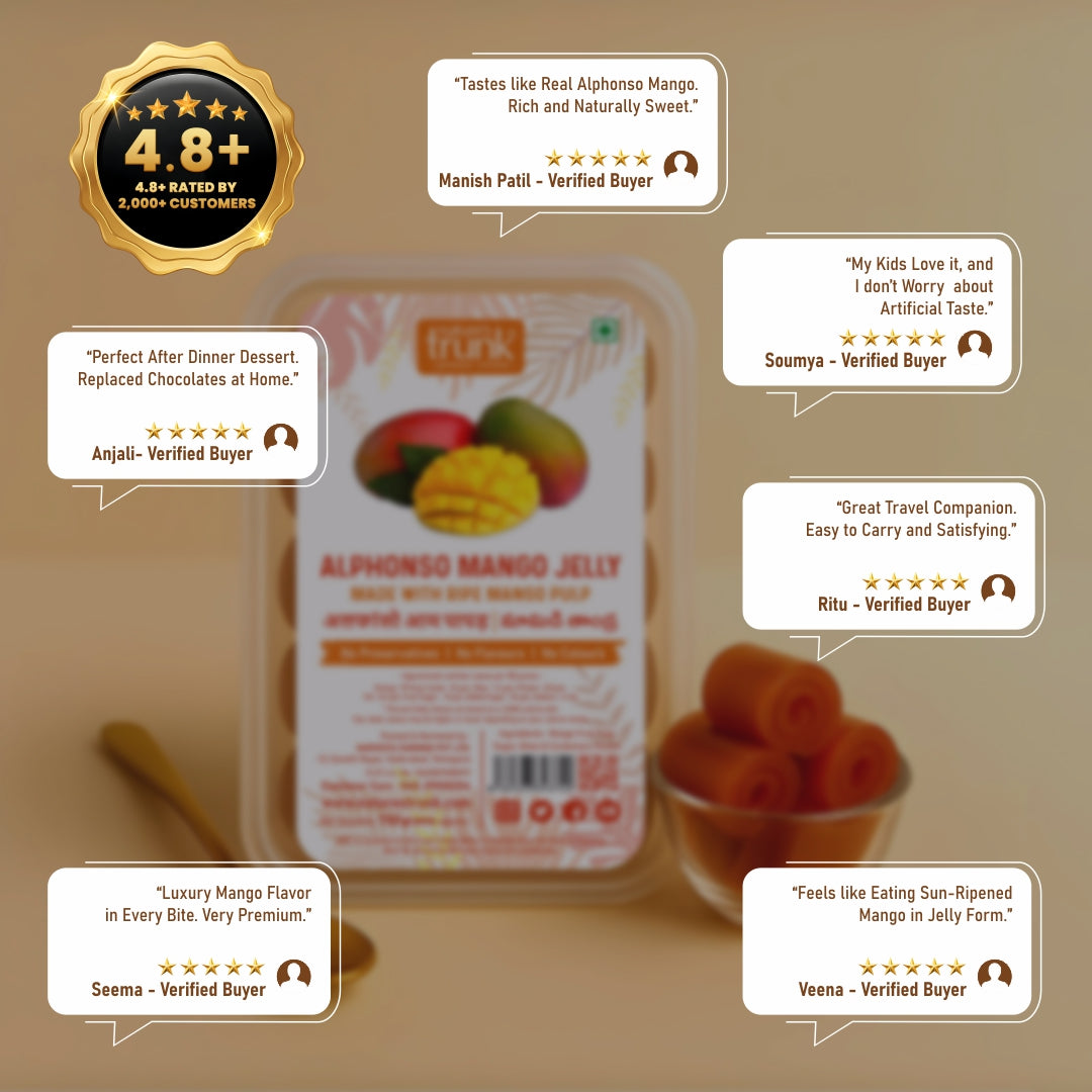 Read Alphonso Mango Jelly Reviews from verified Nature's Trunk customers, sharing their experience with the rich mango flavour, natural sweetness, premium quality, and satisfying taste.