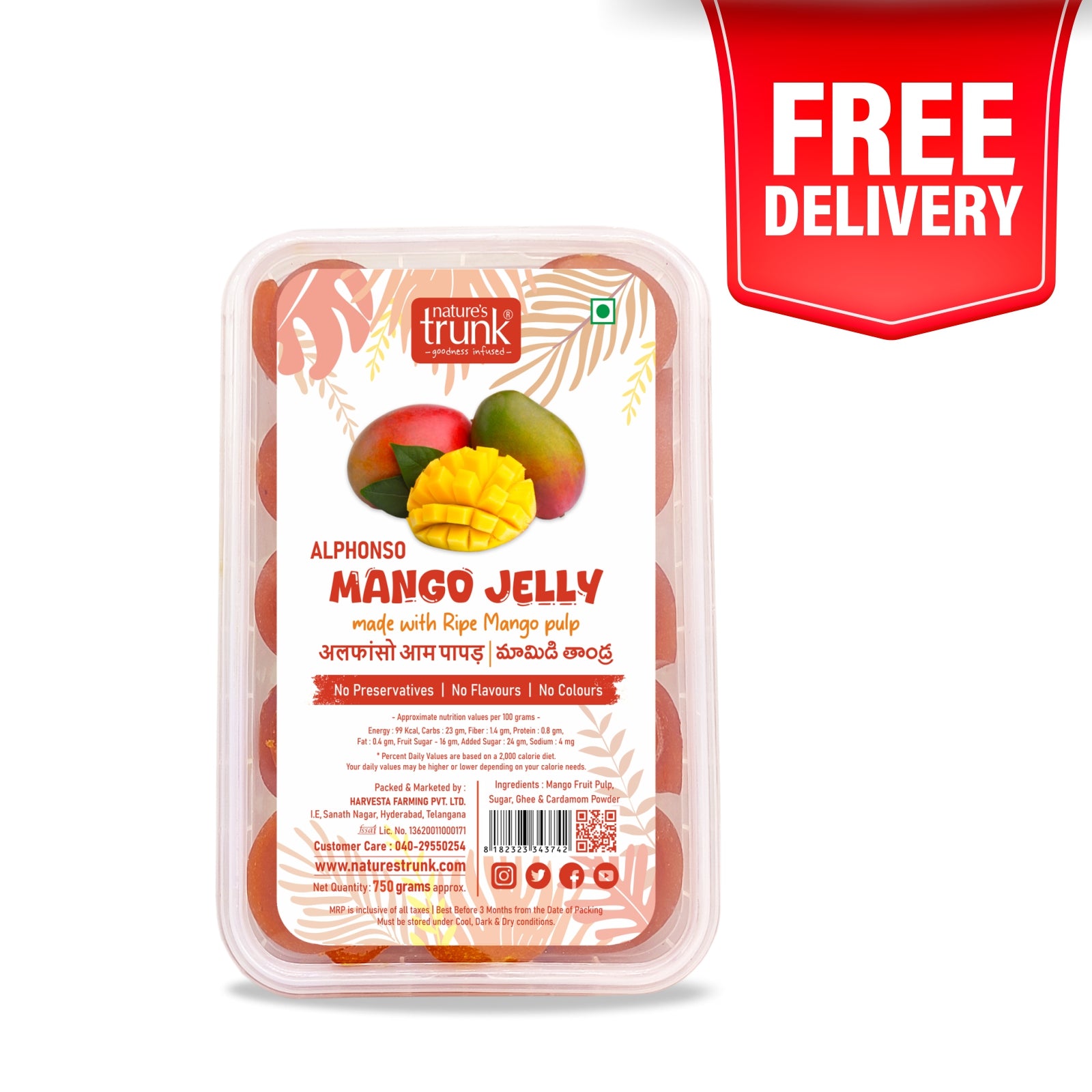 Nature's Trunk Alphonso Mango Jelly made with ripe mango pulp and available with free delivery. Order Alphonso Mango Jelly online for a naturally sweet, preservative-free mango treat.