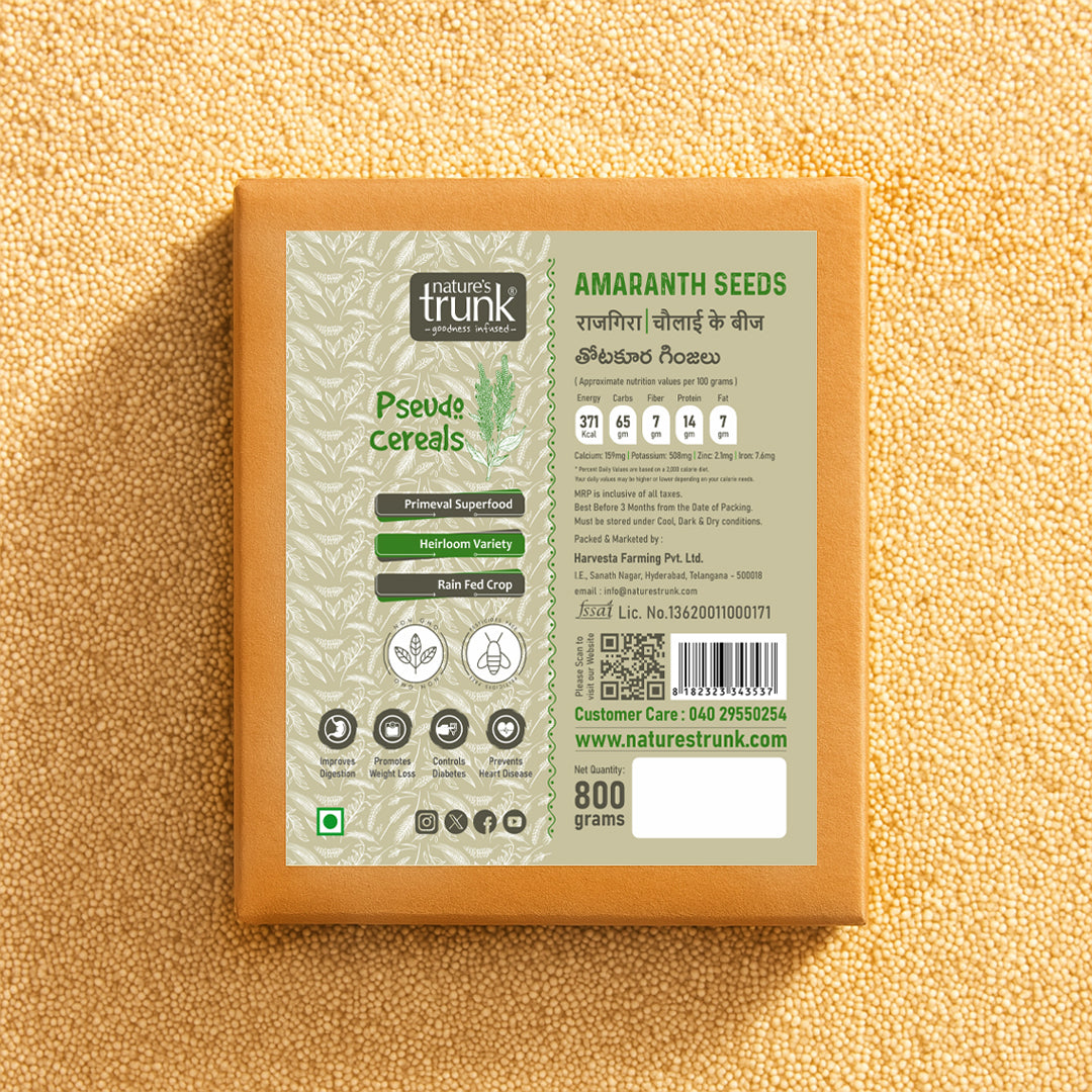 Nature’s Trunk Amaranath Seeds pack showing pseudo cereals label, heirloom variety, natural superfood grains
