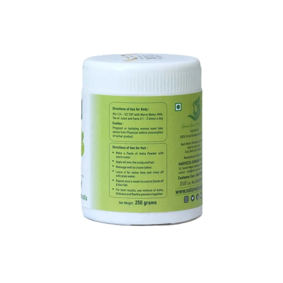 Amla powder product image showing natural greenish-brown powder — authentic amla powder for strengthening roots and reducing hair fall.