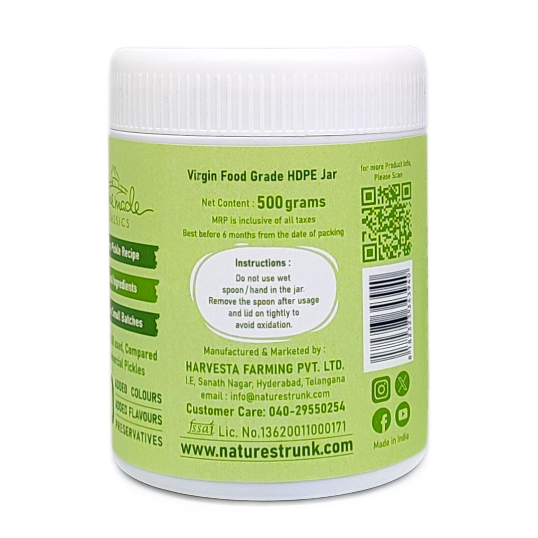 Back label of amla pickle jar showing ingredients, storage instructions and brand details, best amla pickle