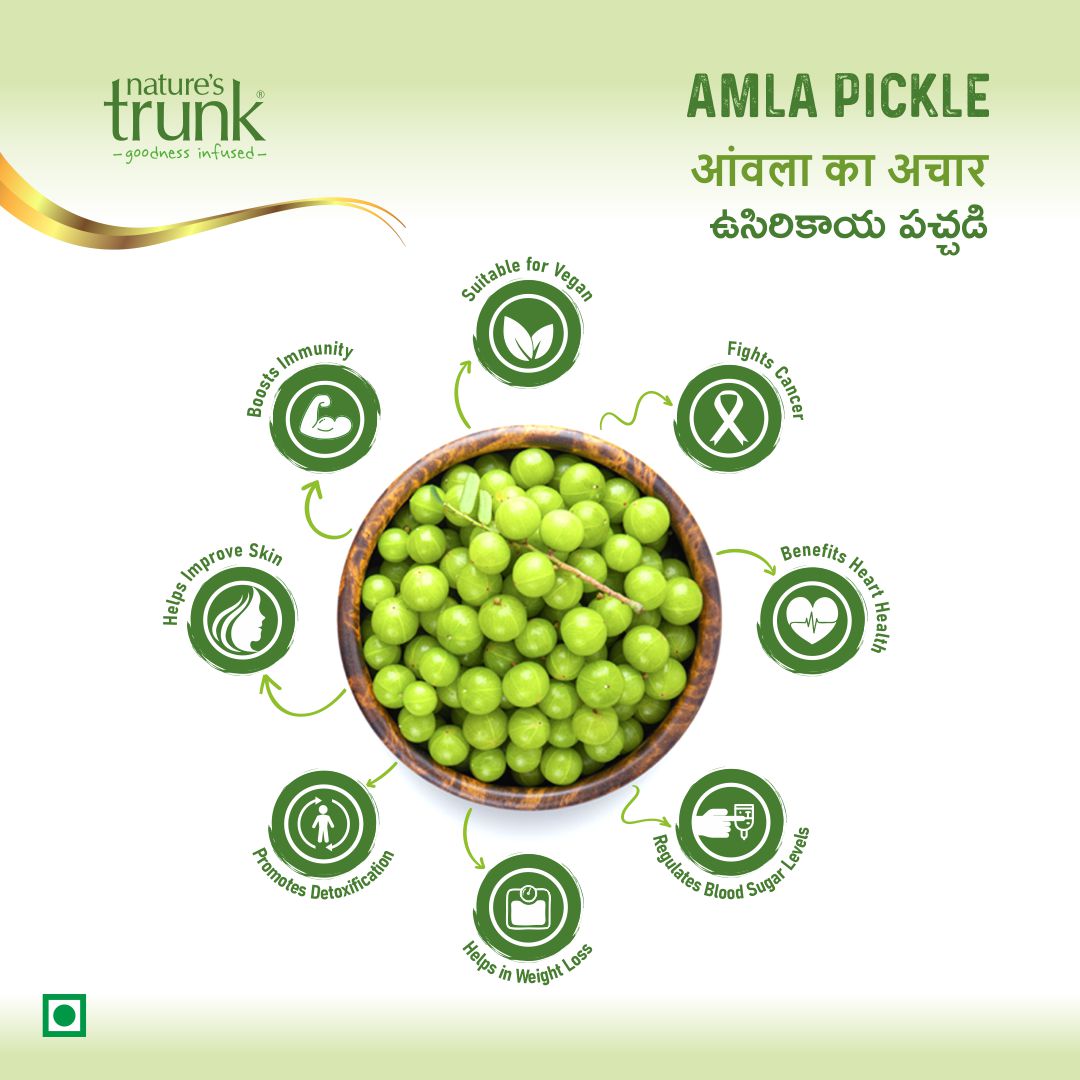 Amla pickle health benefits infographic with fresh gooseberries, vegan friendly, best amla pickle online
