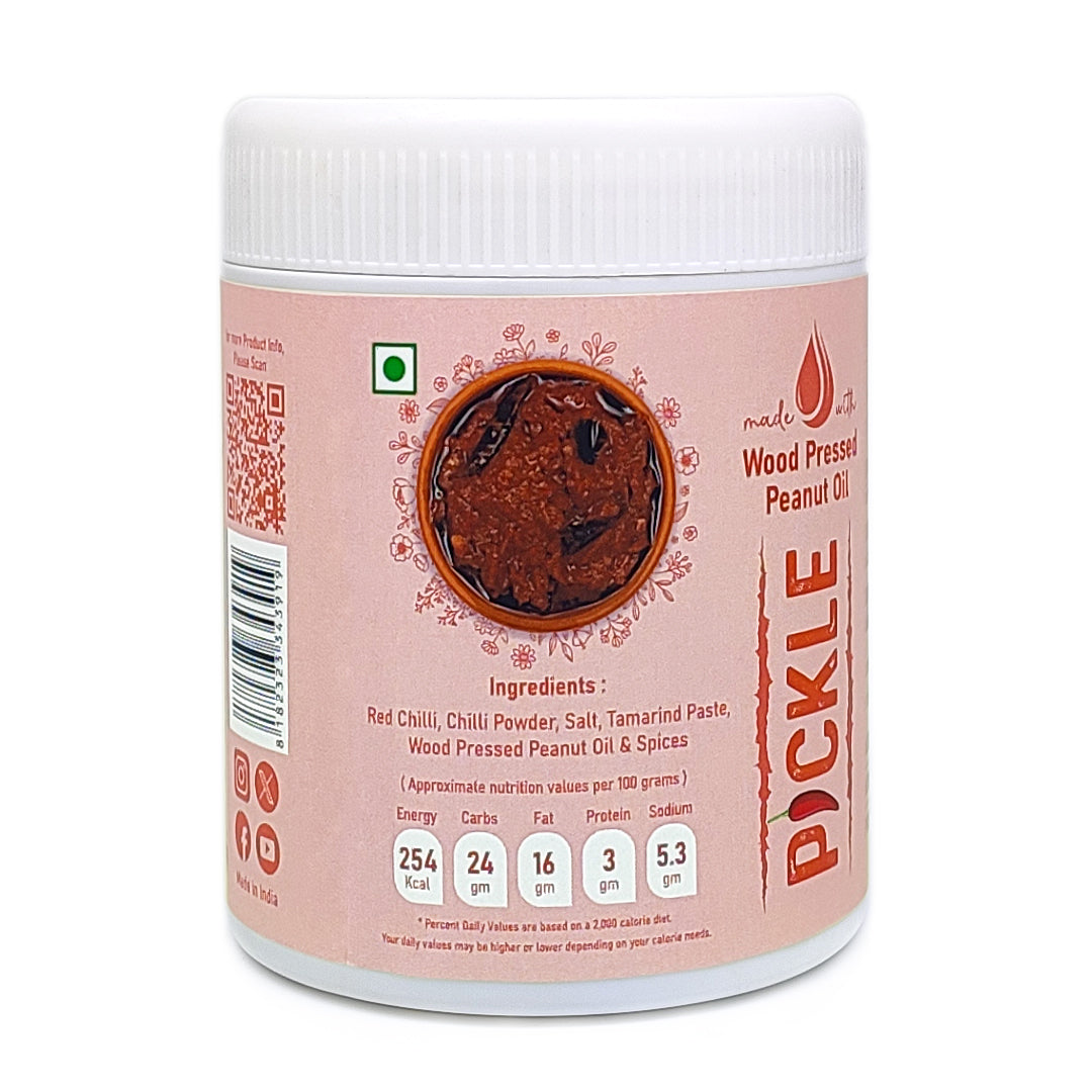 Red chillies pickle jar with nutrition values made using wood pressed oil and spices, best red chillies pickle