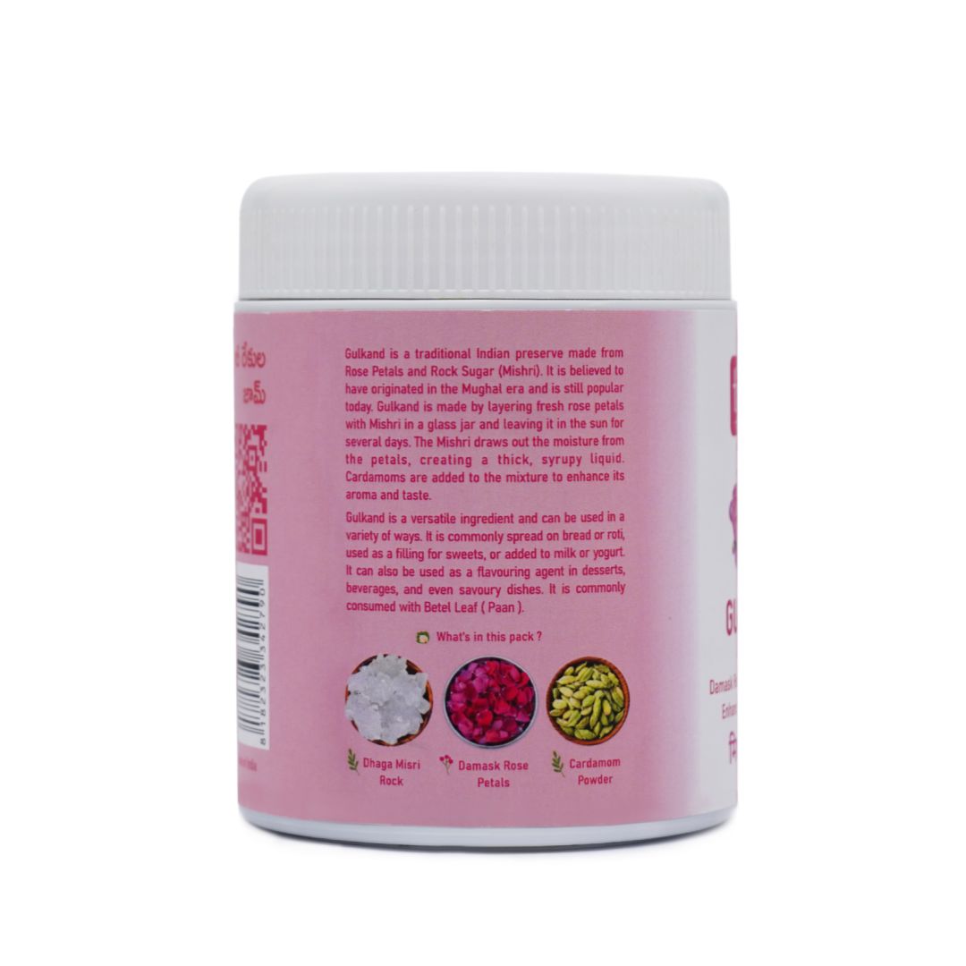 Nature's Trunk gulkand jar side label showing product description, Damask rose petals, misri and cardamom ingredients