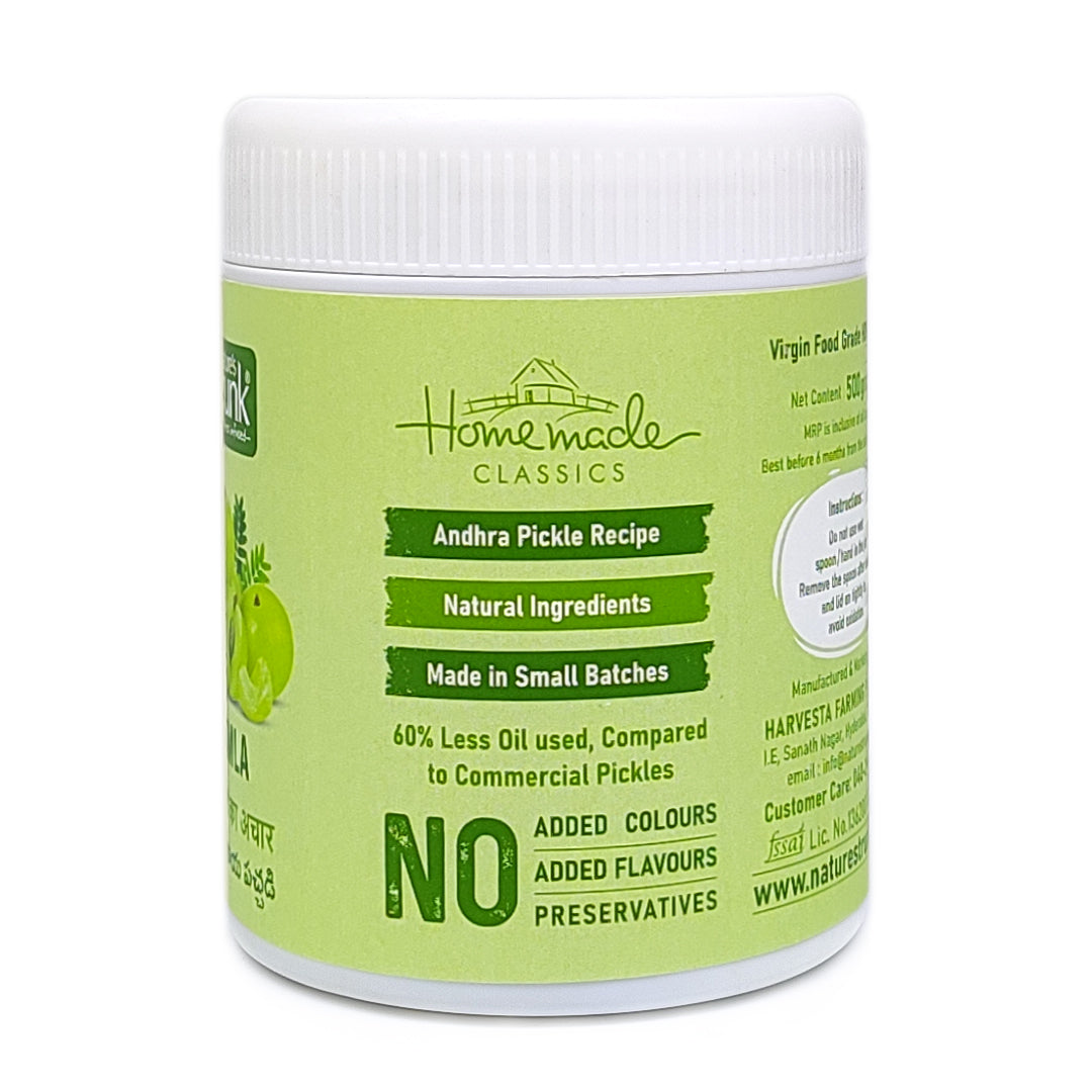 Amla pickle jar highlighting homemade Andhra recipe with natural ingredients and no preservatives, buy amla pickle