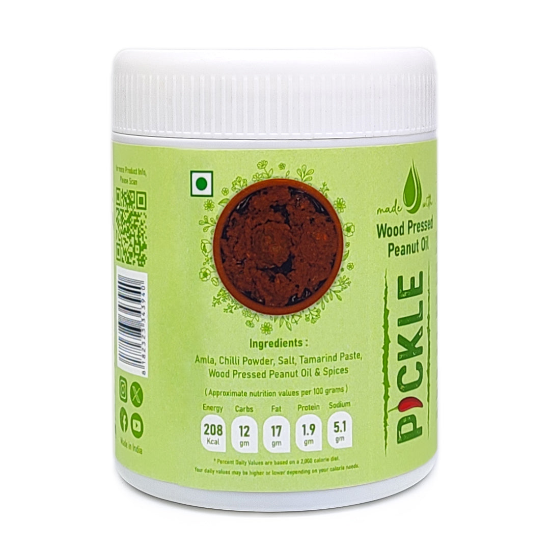 Amla pickle jar with nutrition facts made using wood pressed peanut oil and spices, buy amla pickle online