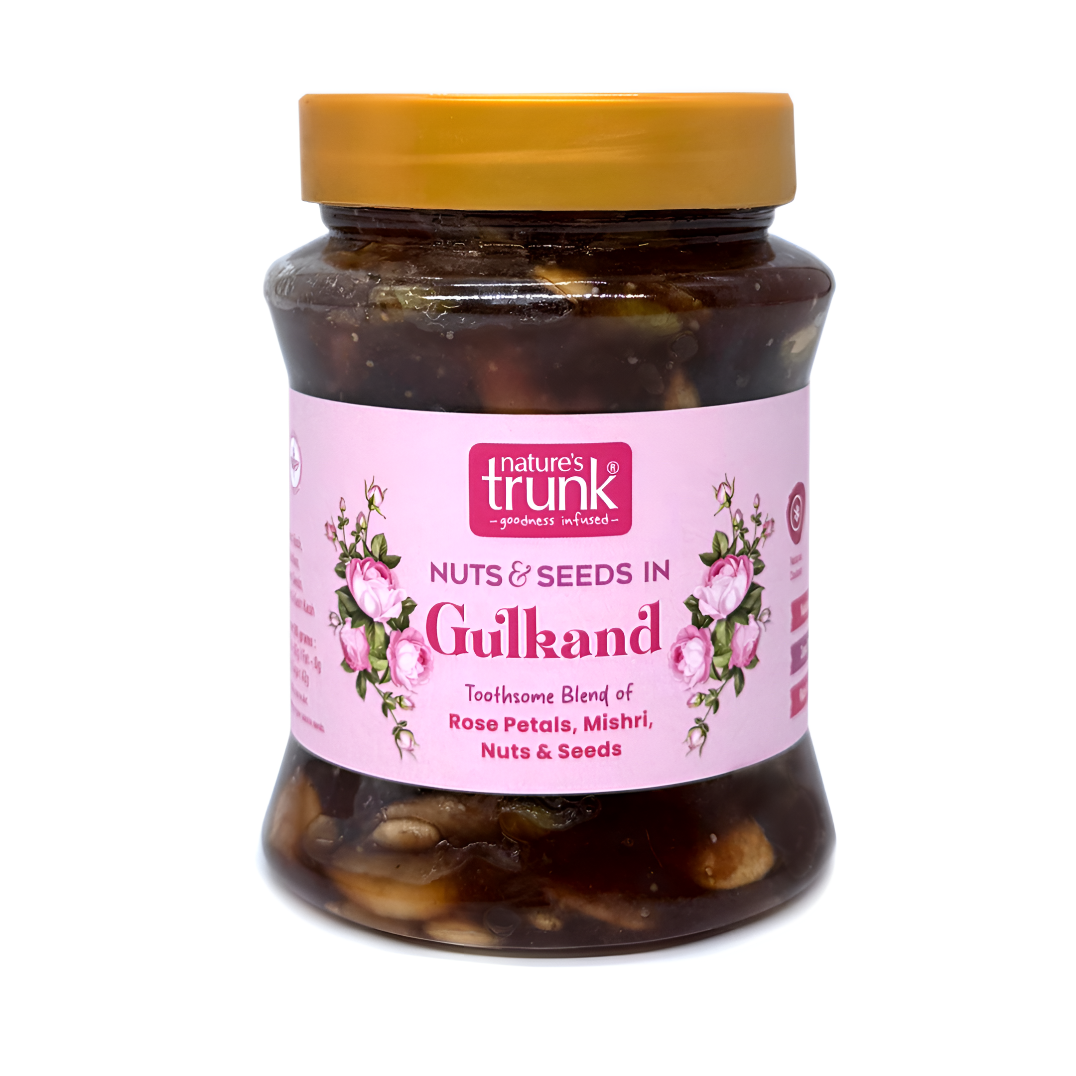 Organic rose gulkand with nuts and seeds jar, premium sweet preserve to buy gulkand online for health, energy, immunity.