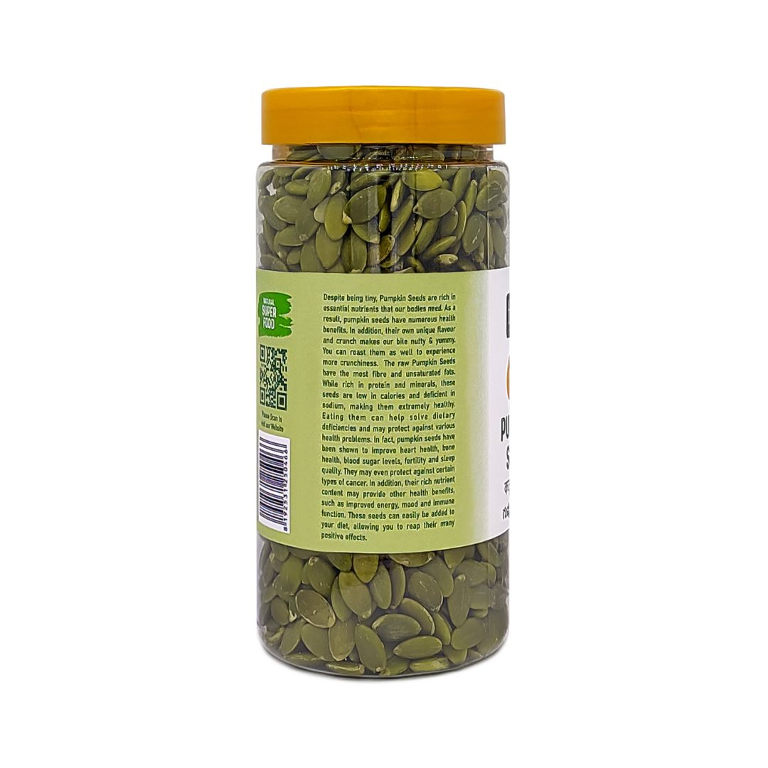 Pumpkin seeds jar back label with product information and barcode, nutritious option to buy healthy seeds online