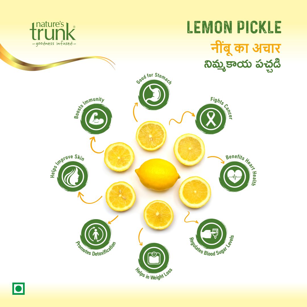 Nature’s Trunk lemon pickle health benefits infographic – buy nimakaya pickle online for natural taste