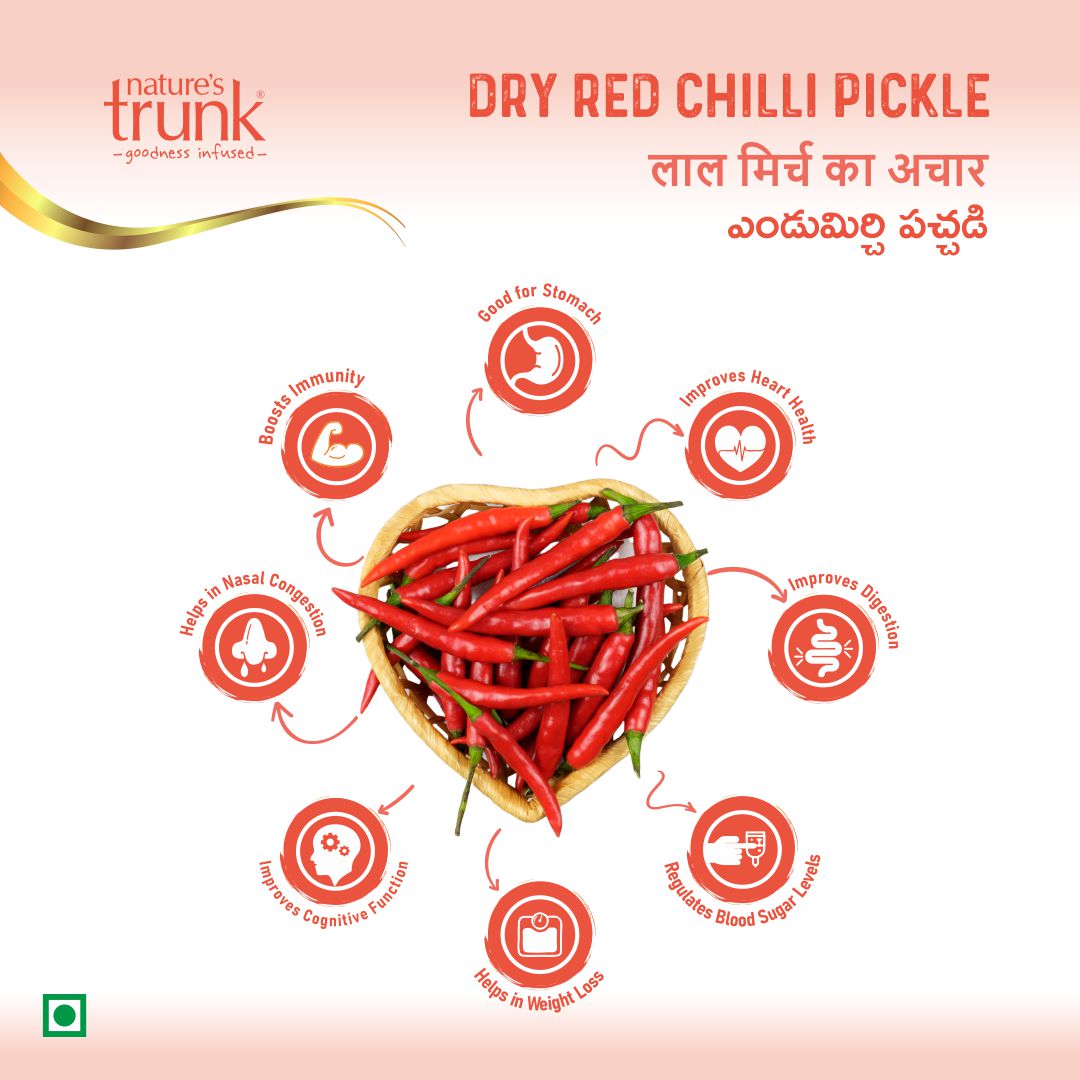 Dry red chillies pickle health benefits infographic with spicy red chillies, buy red chillies pickle online