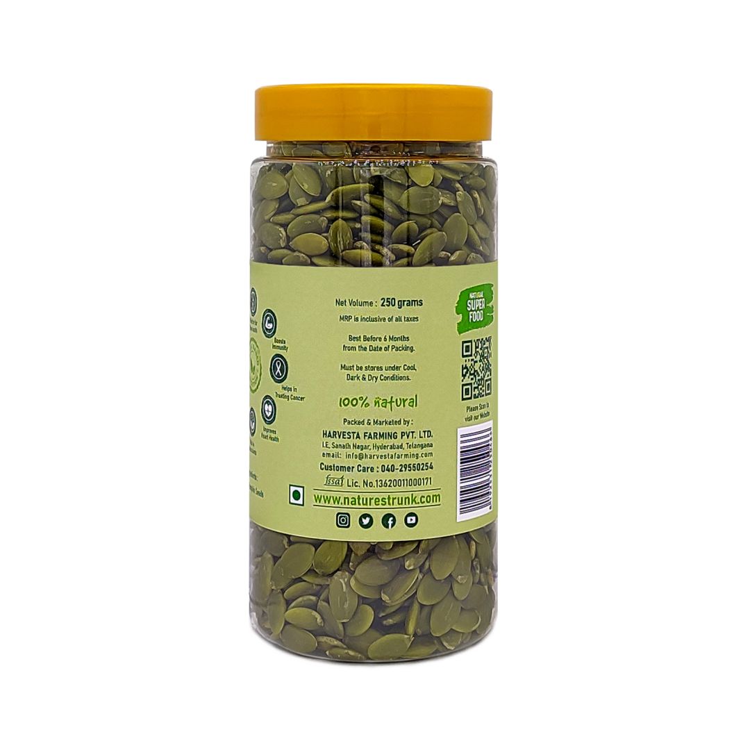 Nature’s Trunk pumpkin seeds jar showing nutrition and storage details, premium quality seeds to buy seeds online