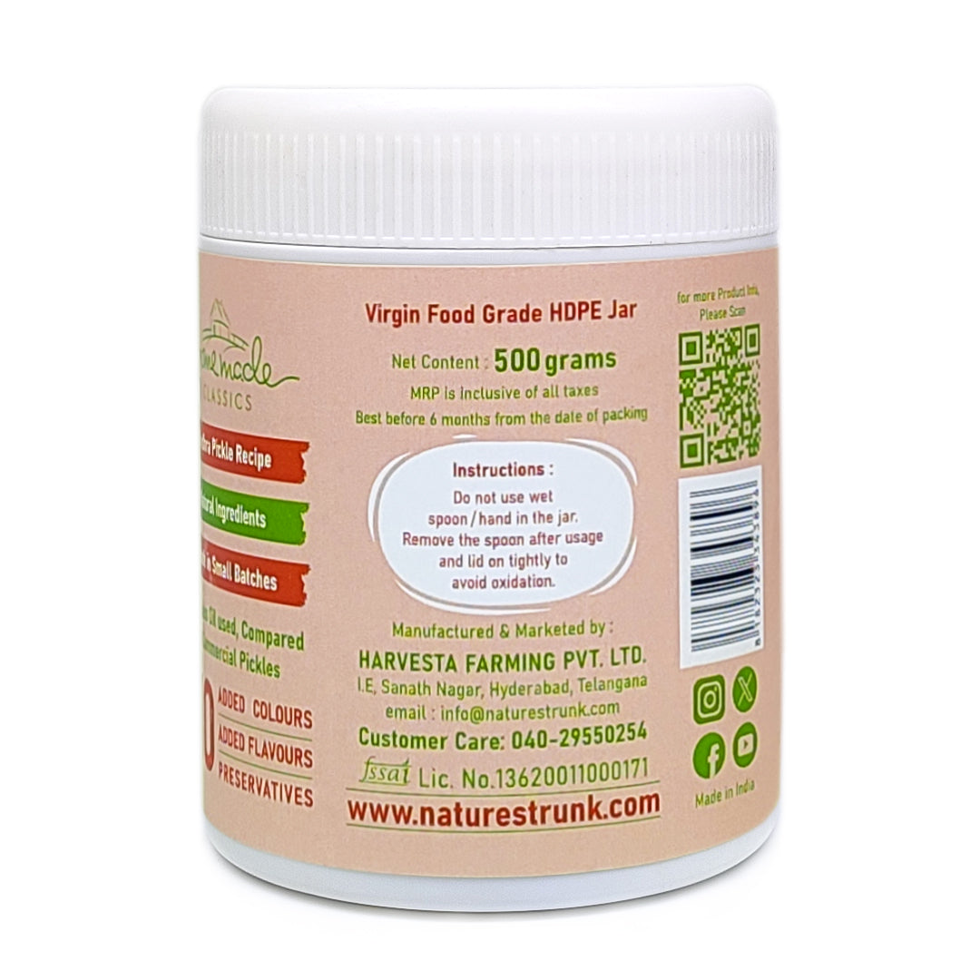 Nature’s Trunk tomato pickle jar back label with ingredients, storage info and brand details to buy tomato pickle