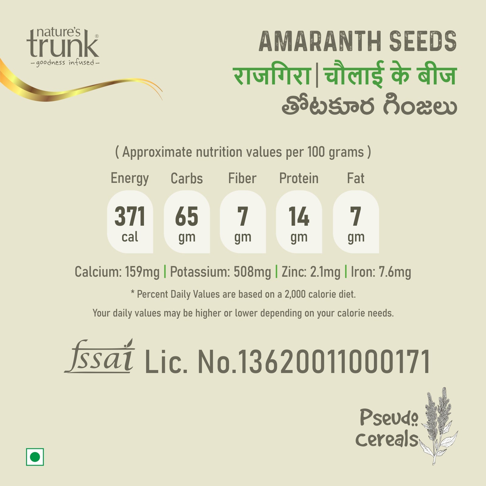 Amaranth seeds nutrition infographic showing calories, protein and fiber with Nature’s Trunk label, buy totakura ginjalu