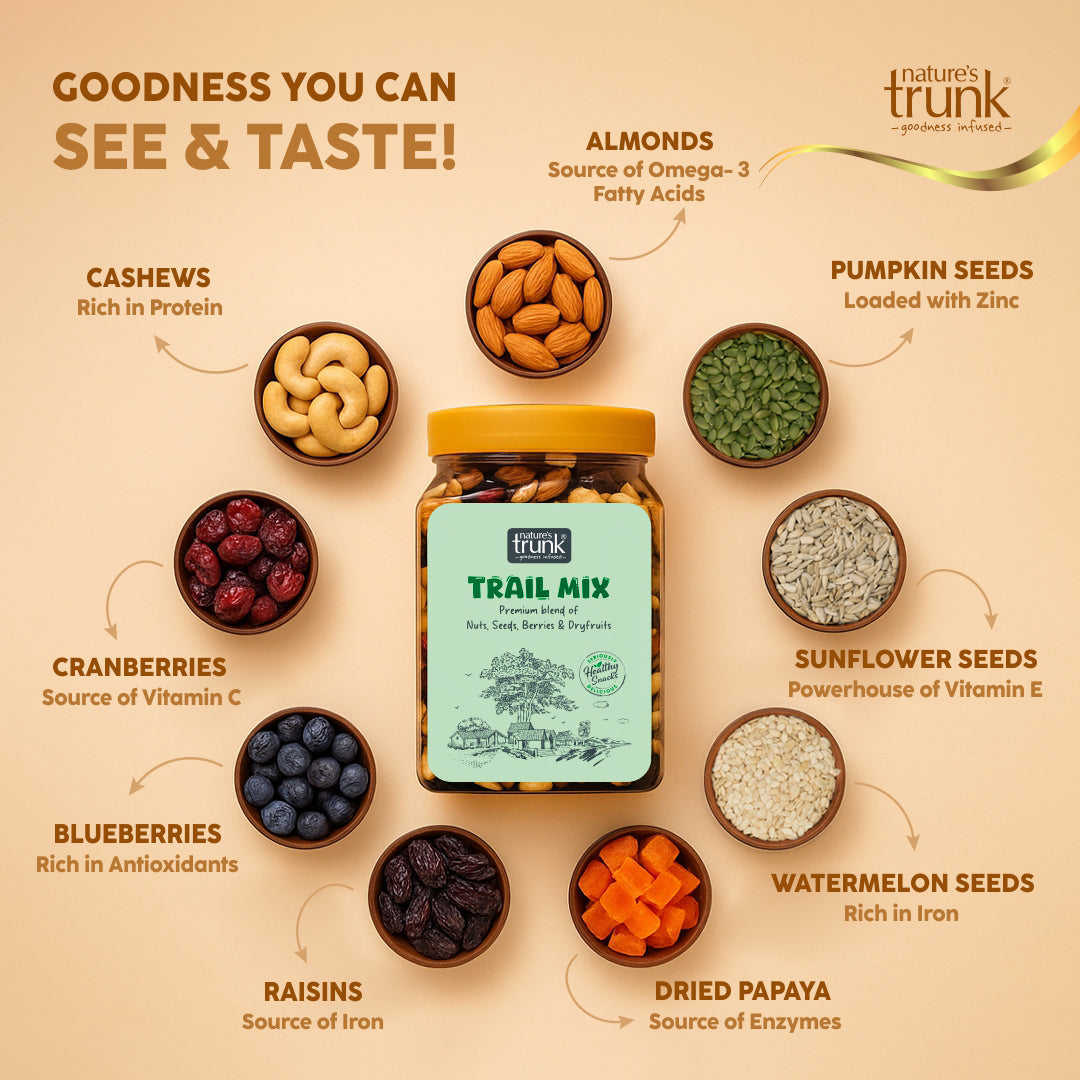 Contents of healthy trail mix with mixed nuts, seeds, and dried fruits, highlighting a nutritious snack blend