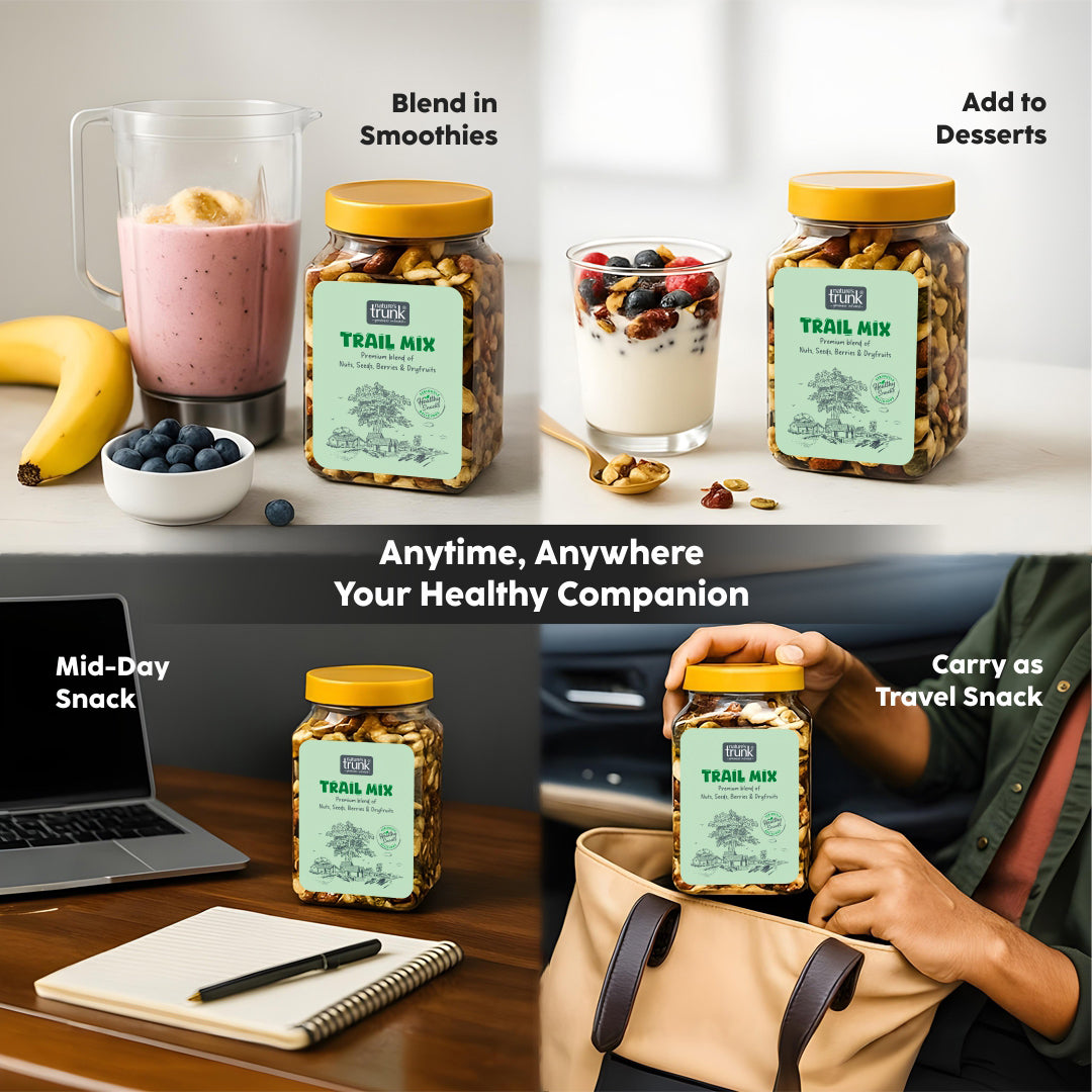 Contents of healthy trail mix with mixed nuts, seeds, and dried fruits, highlighting a nutritious snack blend