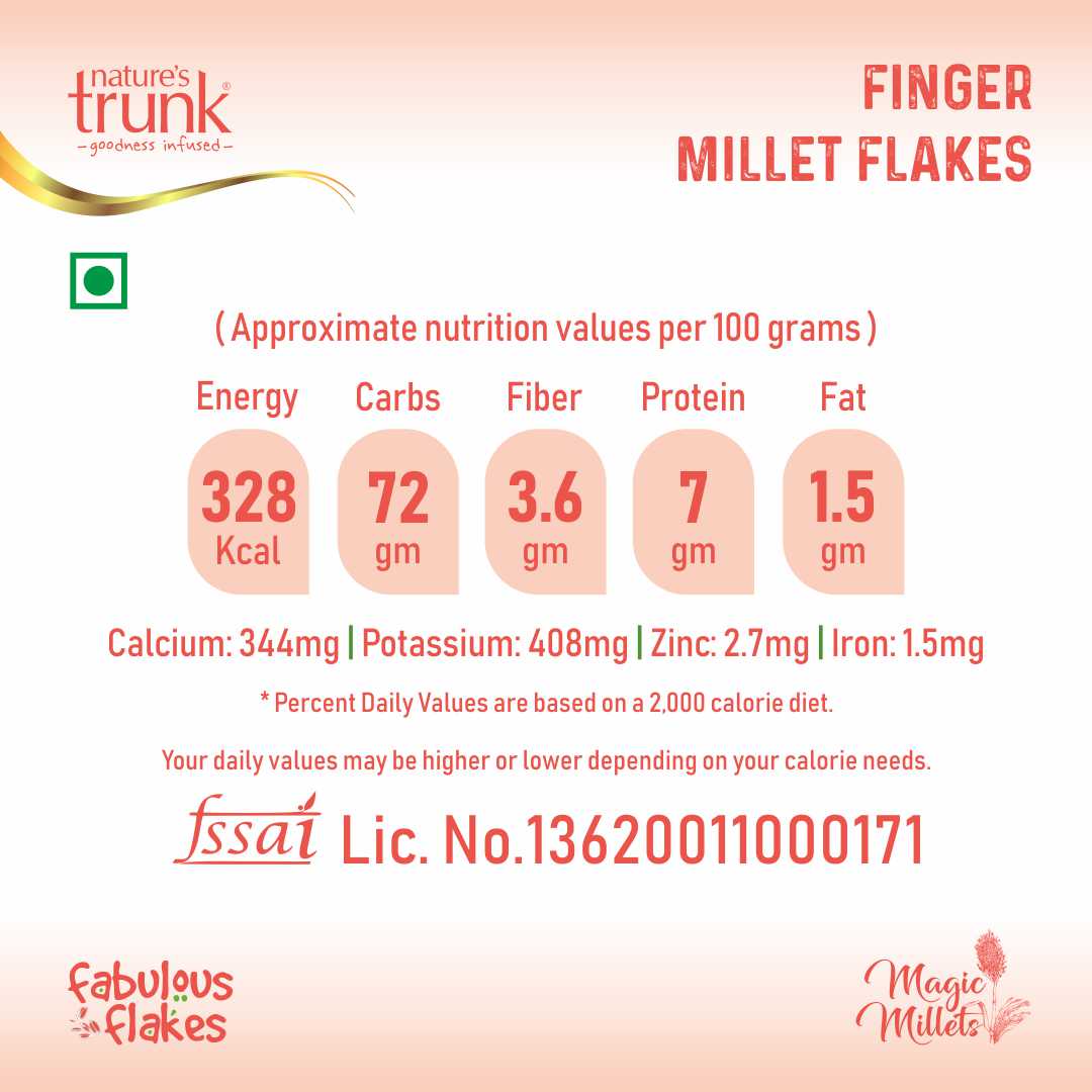 Nutritional chart of Nature’s Trunk Finger Millet Flakes 450g – gluten-free ragi, best finger millet flakes