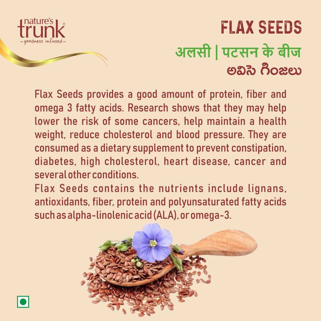 Nature’s Trunk flax seeds benefits image showing omega-3 rich healthy seeds, nutrition facts and usage, buy healthy seeds