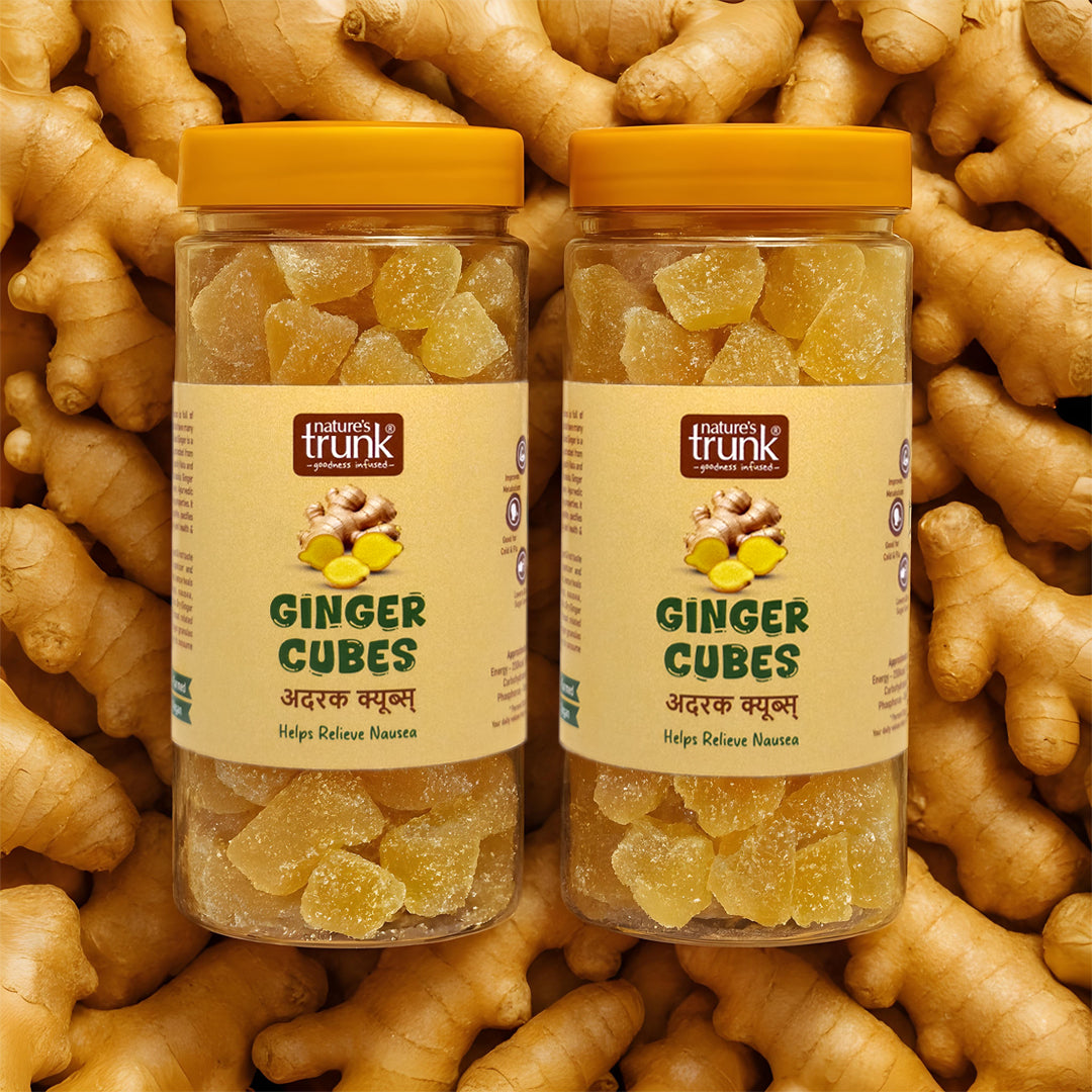 Ginger cubes combo pack with sweet and spicy ginger candy pieces, natural snack for digestion and daily wellness
