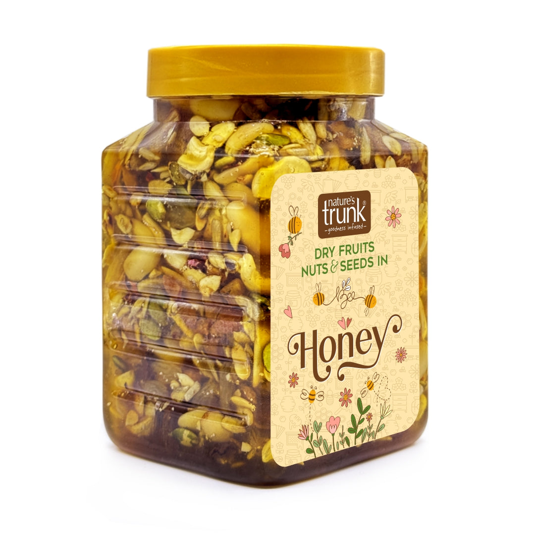 Nature’s Trunk dry fruits, nuts and seeds in honey jar – buy honey with dryfruits online for energy and immunity