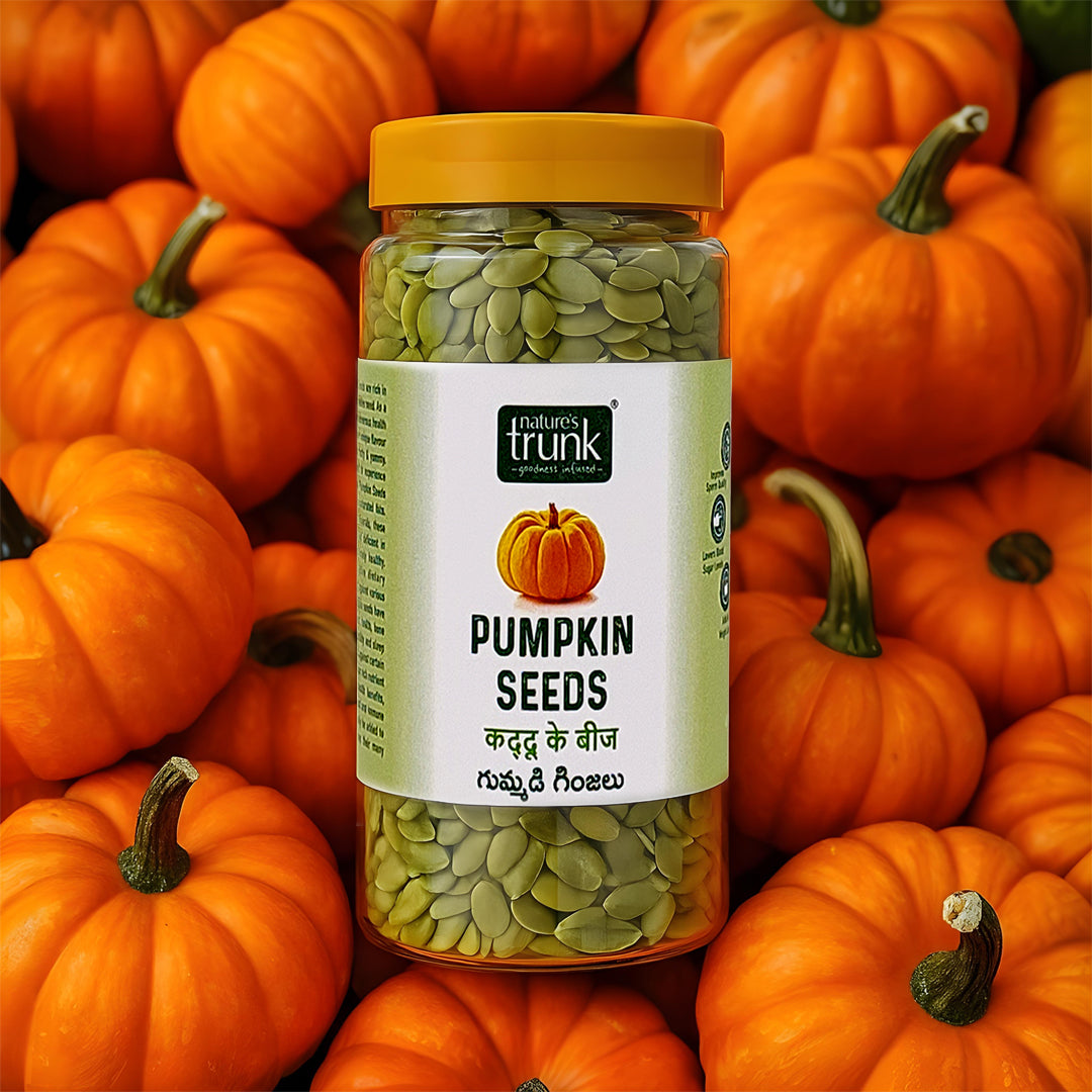 Pumpkin seeds jar by Nature’s Trunk surrounded by pumpkins, nutritious and crunchy healthy seeds for eating daily