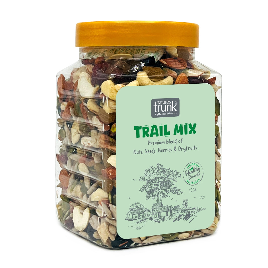Healthy trail mix spread with mixed nuts, seeds, and dried fruits for wholesome snacking and natural energy