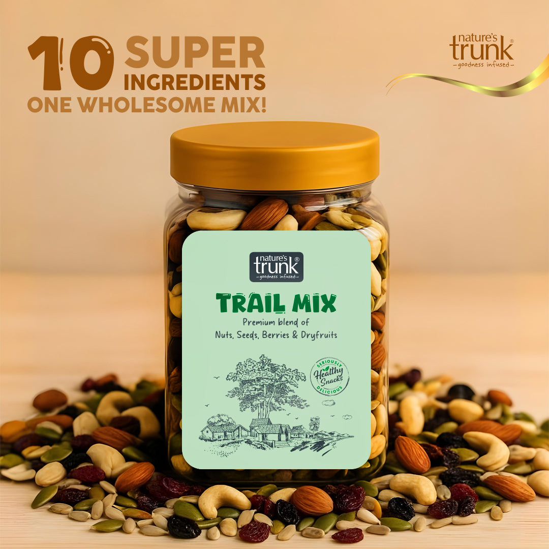 Sealed pack of healthy trail mix made with mixed nuts and seeds, ideal for daily snacking and natural energy