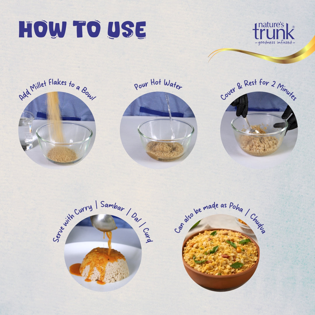 Nature's Trunk Millet Flakes preparation guide showing simple cooking steps with hot water. Buy Millet Flakes or order Millet Flakes online for quick, wholesome, and healthy meals.