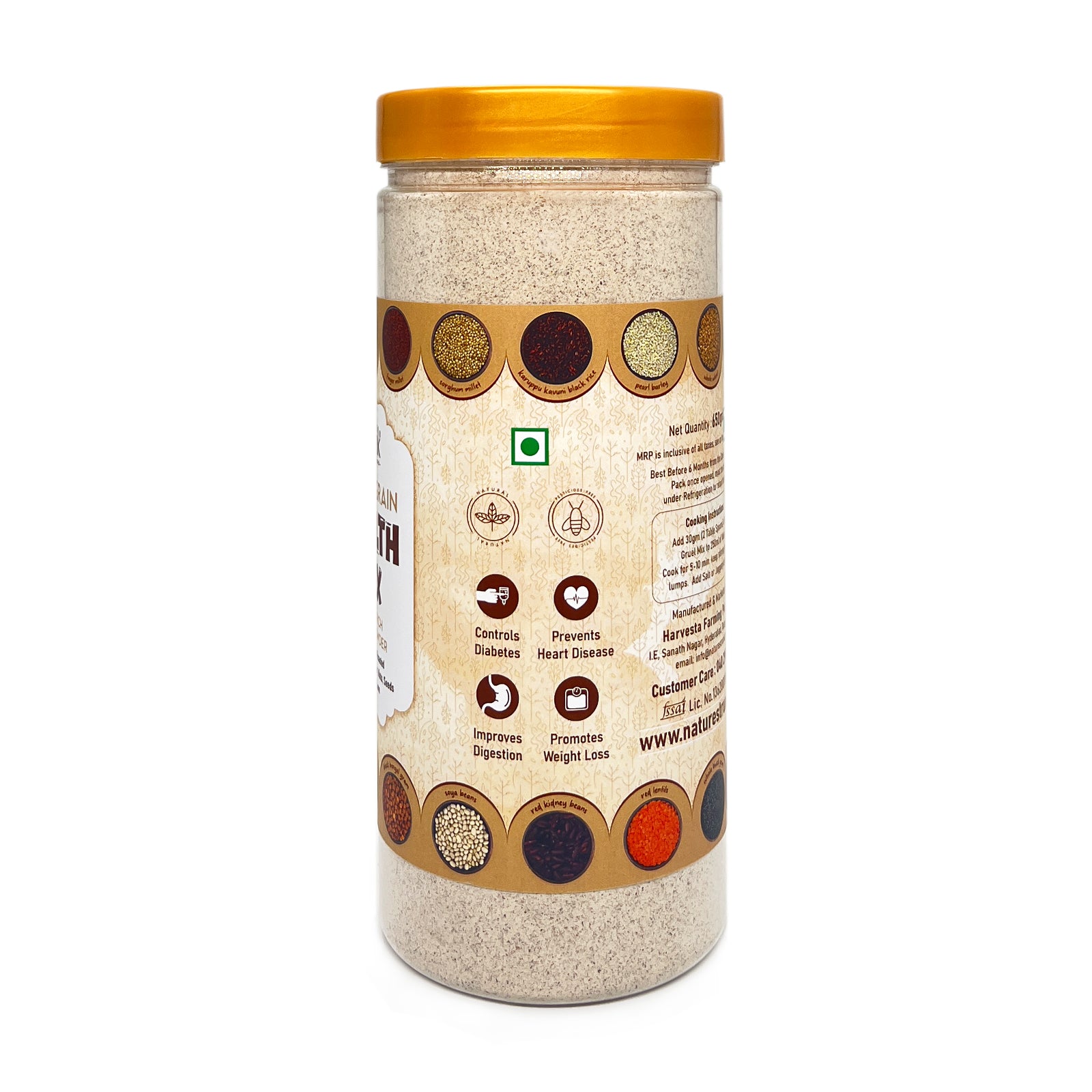 Jar of multi grain healthy flours health mix — natural multi grain flour blend for delicious and healthy recipes, energizing smoothies, porridges, and baking.
