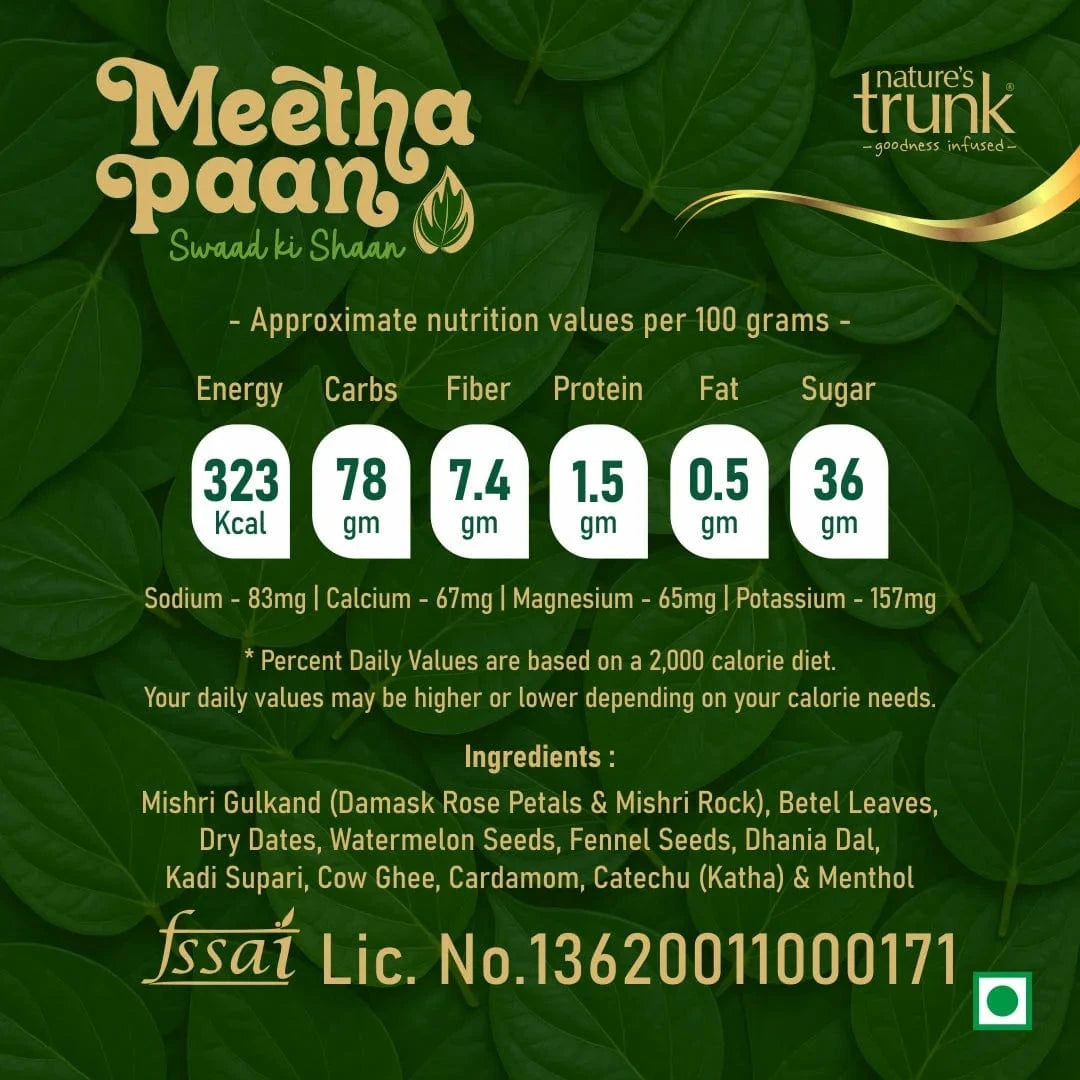 Nutritional values of meetha pan displayed — balanced sweet paan made for taste and freshness. Check meetha pan online details.