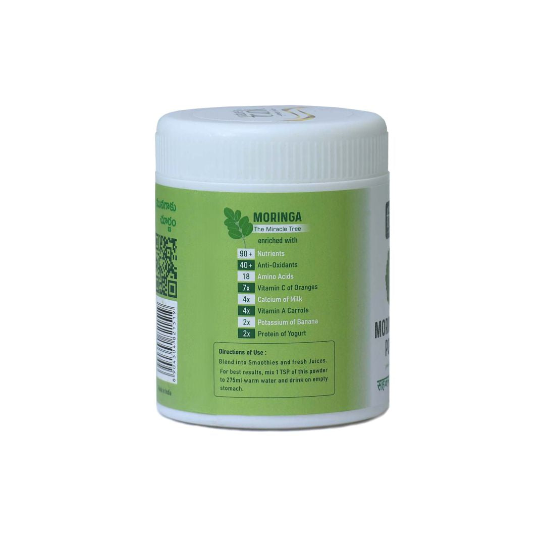 Moringa Leaf Powder product view showing fine green Munagaku Podi — ideal for smoothies, curries, and healthy recipes. Buy Munagaku Podi online.