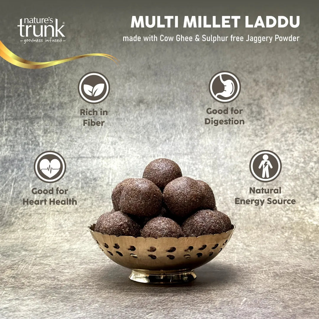 Authentic multi millet laddu with natural ingredients and rich flavor. Buy multi millet laddu for a healthy and best traditional snack choice.