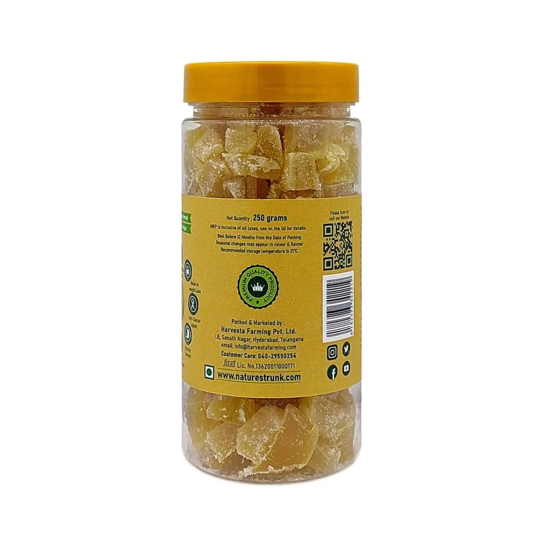 Product label of Nature’s Trunk Ginger Cubes showing manfacturers and nutritional facts