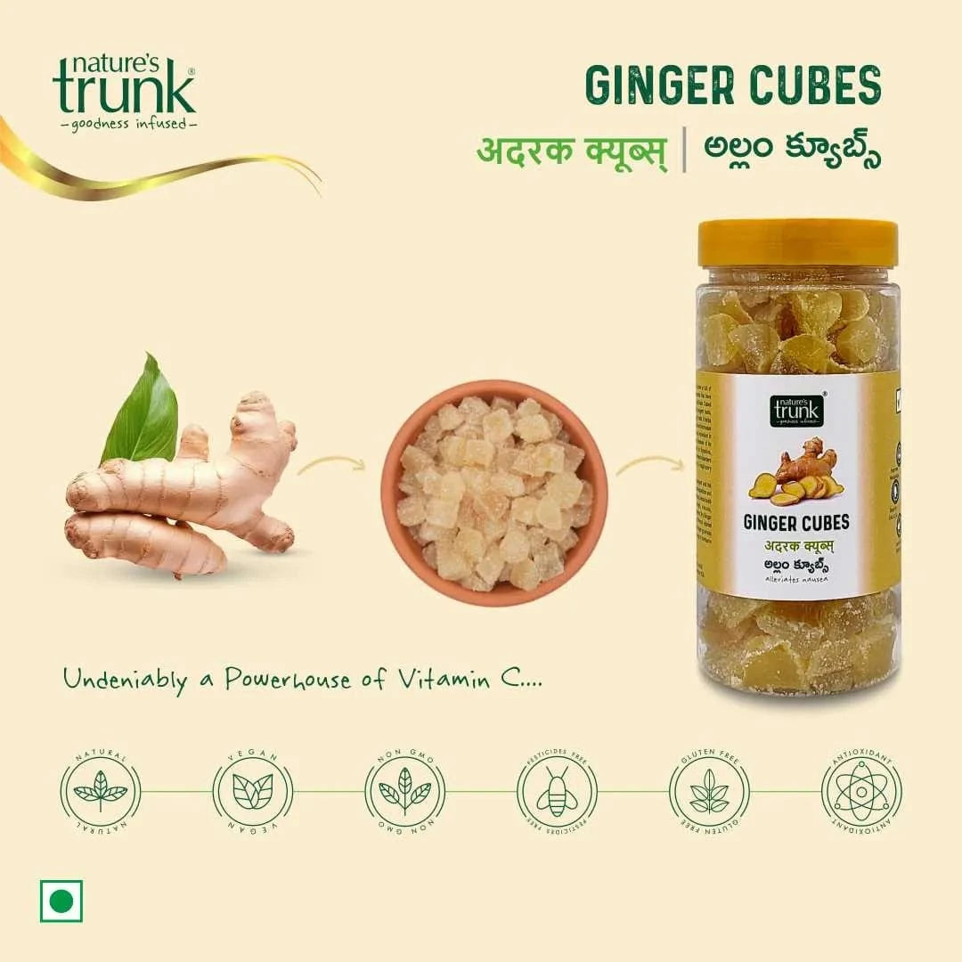 Zoomed-in packaging of Nature’s Trunk Ginger Cubes, showing branding and texture