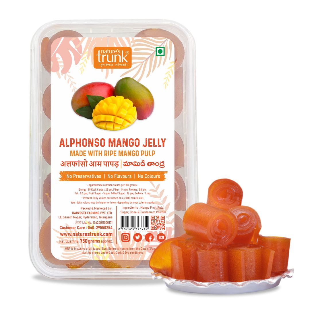 Front view of Nature’s Trunk Alphonso Mango Jelly 750g jar made with premium Alphonso mangoes