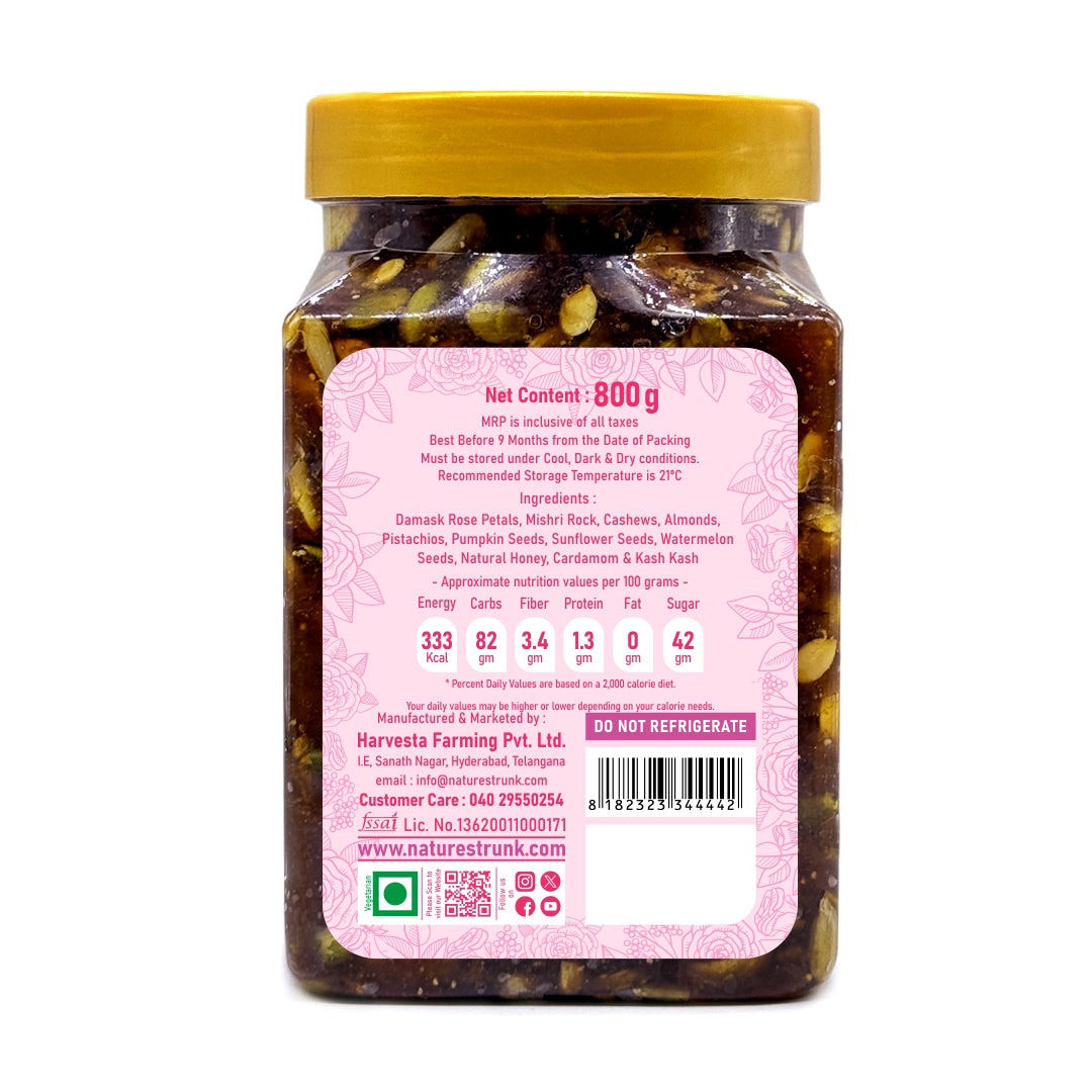 Nature’s Trunk Gulkand with Nuts & Seeds – Side view in glass jar
