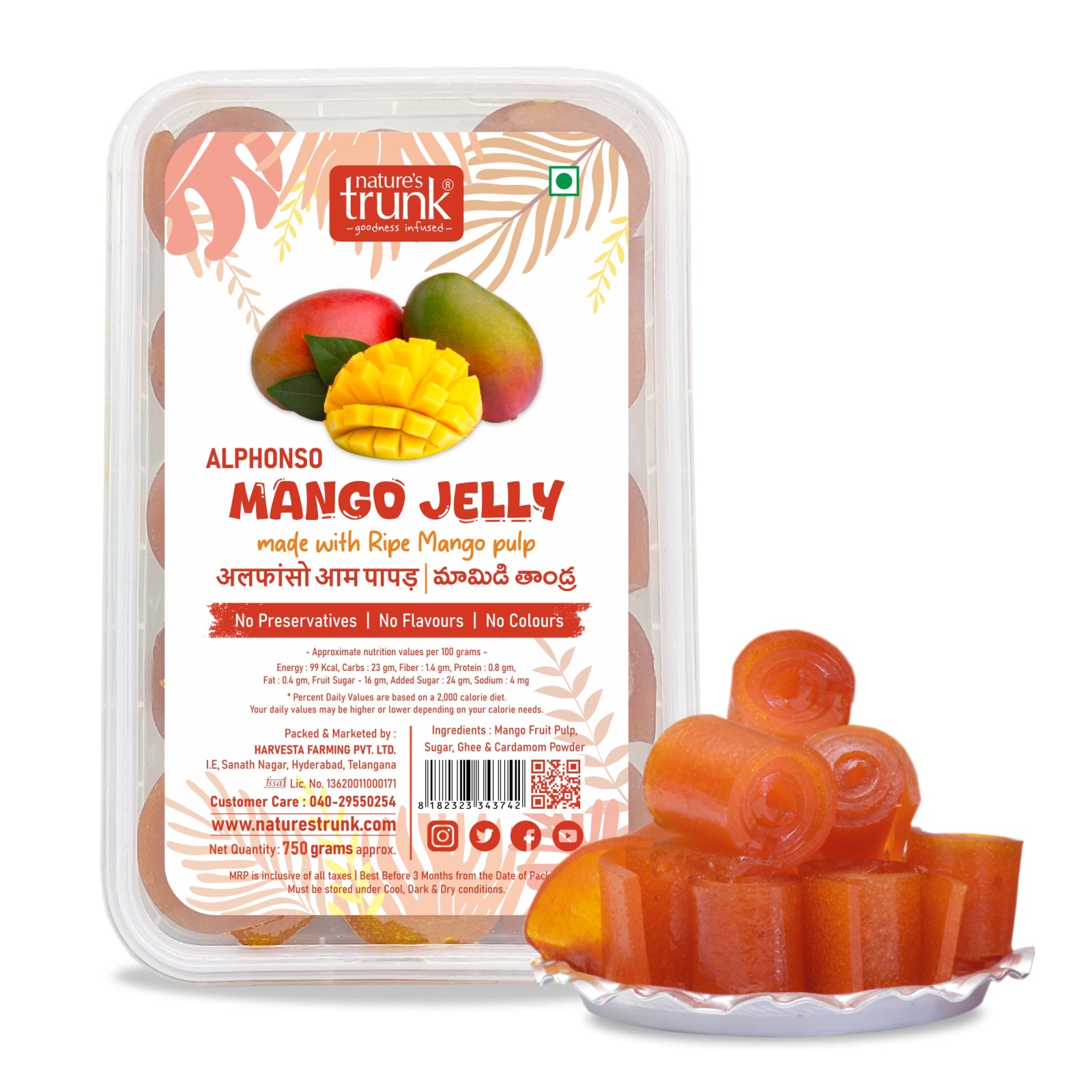 Close-up of Nature’s Trunk 750g Alphonso mango jelly jar – best mango jelly online to buy mango jellies online