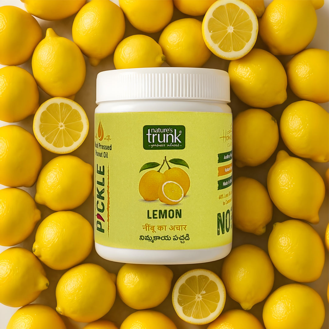 Nature’s Trunk lemon pickle jar front showing tangy spicy Indian condiment – premium lemon pickle for meals and snacks