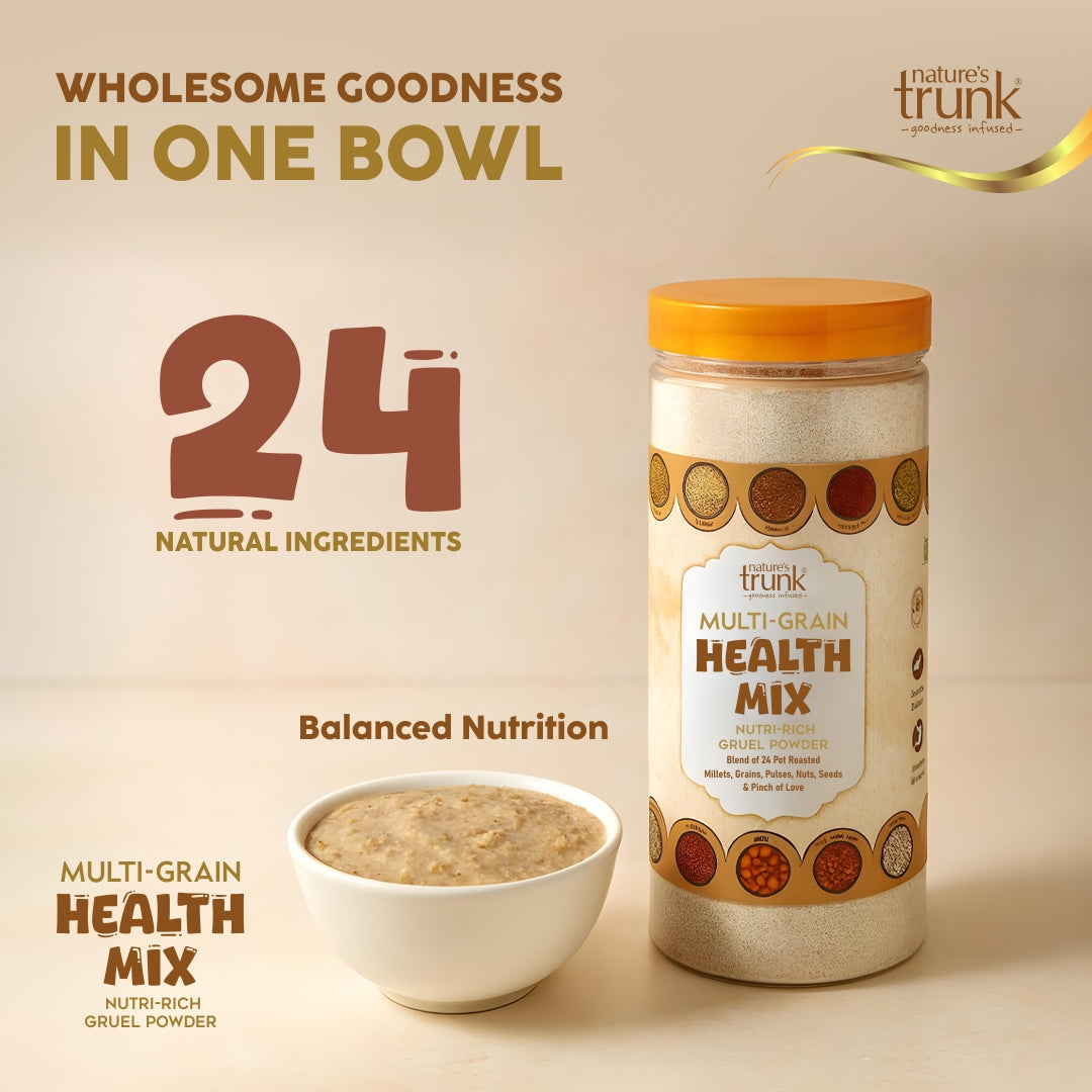 Nature’s Trunk multi-grain health mix jar with bowl of gruel, made from 24 natural ingredients for balanced nutrition