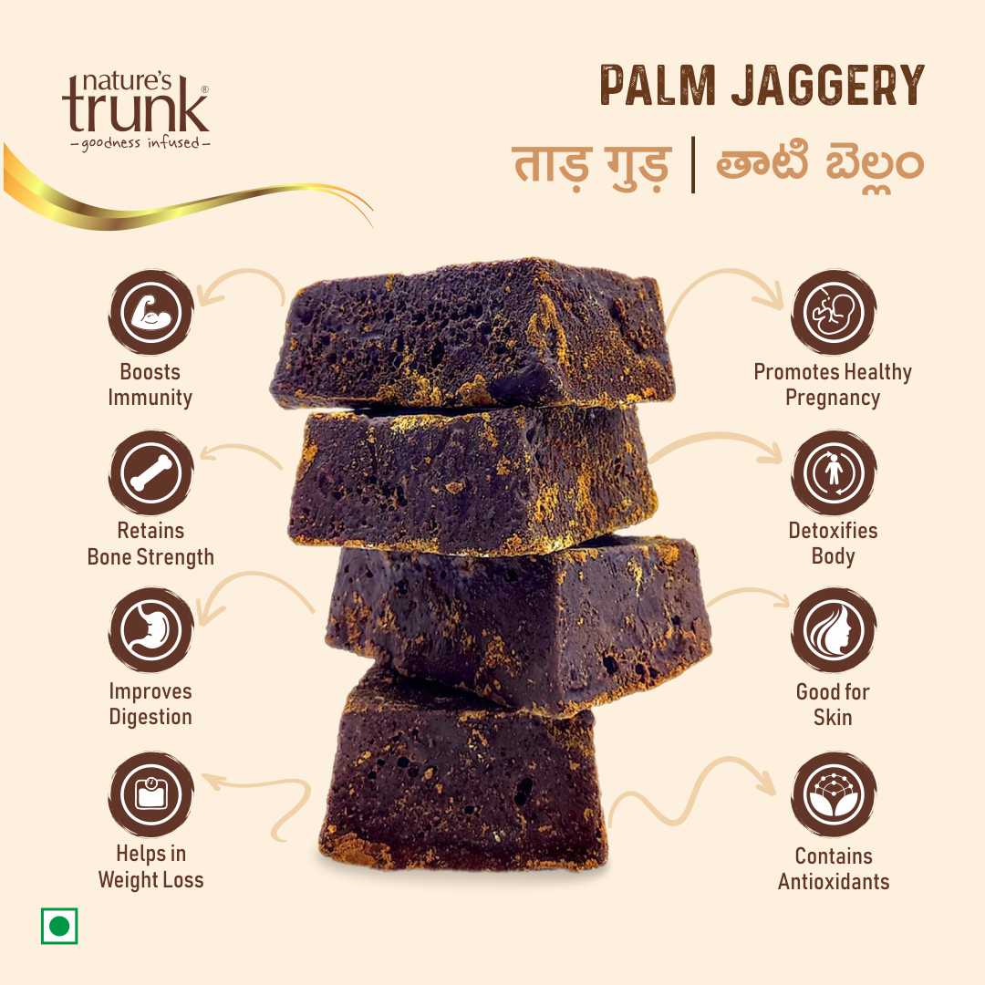 Palm jaggery block pieces on rustic surface – Nature’s Trunk palm jaggery
