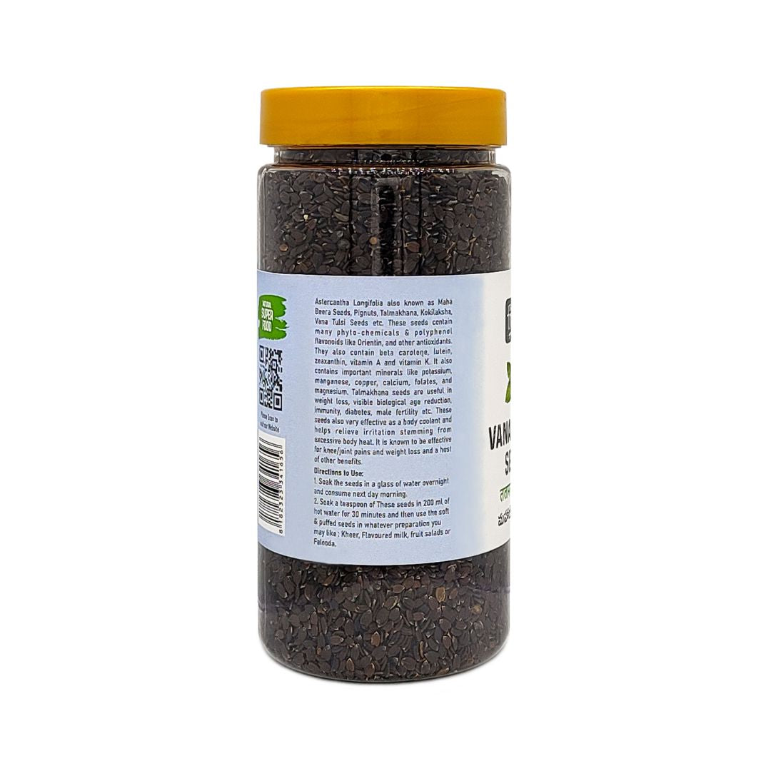 Backside label of Nature’s Trunk 250g Vana Tulasi Seeds pack – ingredients, usage and product details