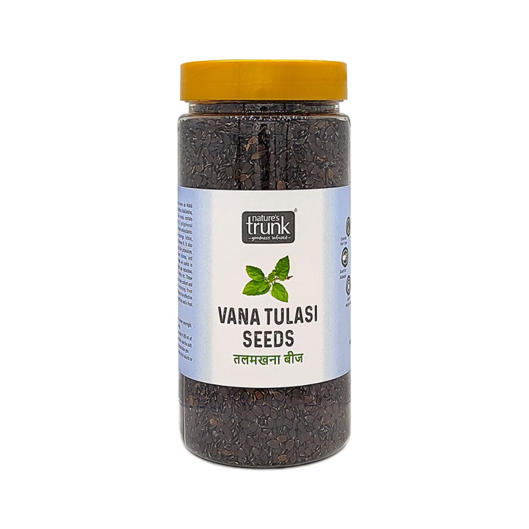 Front view of Nature’s Trunk 250g Vana Tulasi Seeds pack – natural and pure tulasi seeds