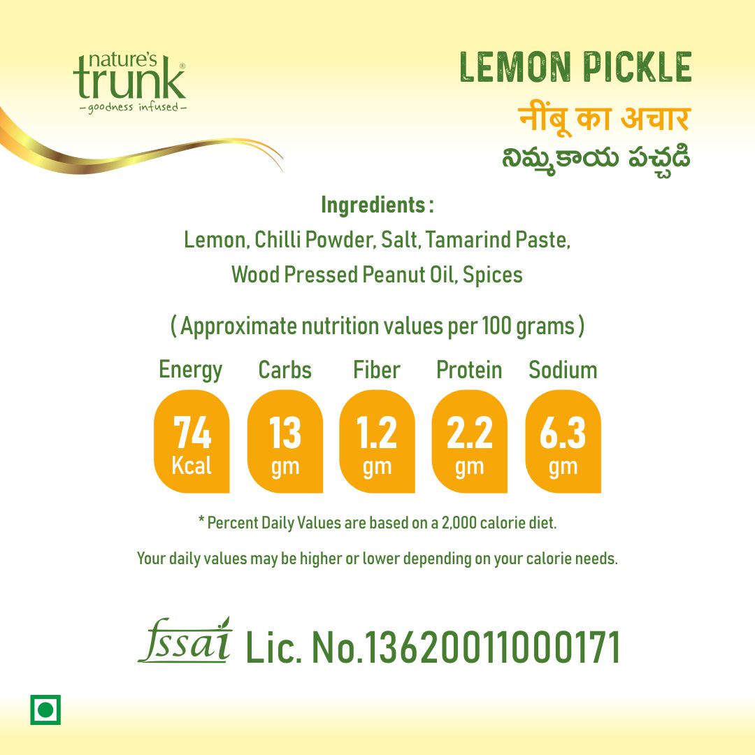 Lemon pickle nutrition label showing ingredients and food values, authentic South Indian nimakaya pickle online