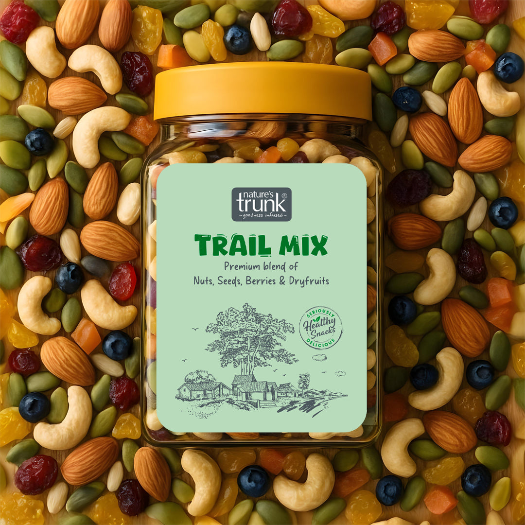 Close-up of Nature’s Trunk healthy trail mix showing mixed nuts and seeds in vibrant snack blend for nutritious snacking