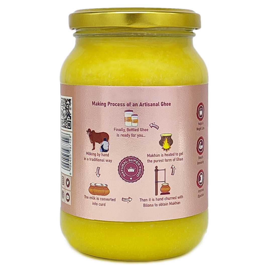 Close-up of organic cow ghee in a jar, showing rich golden texture for healthy cooking and cow ghee online purchase